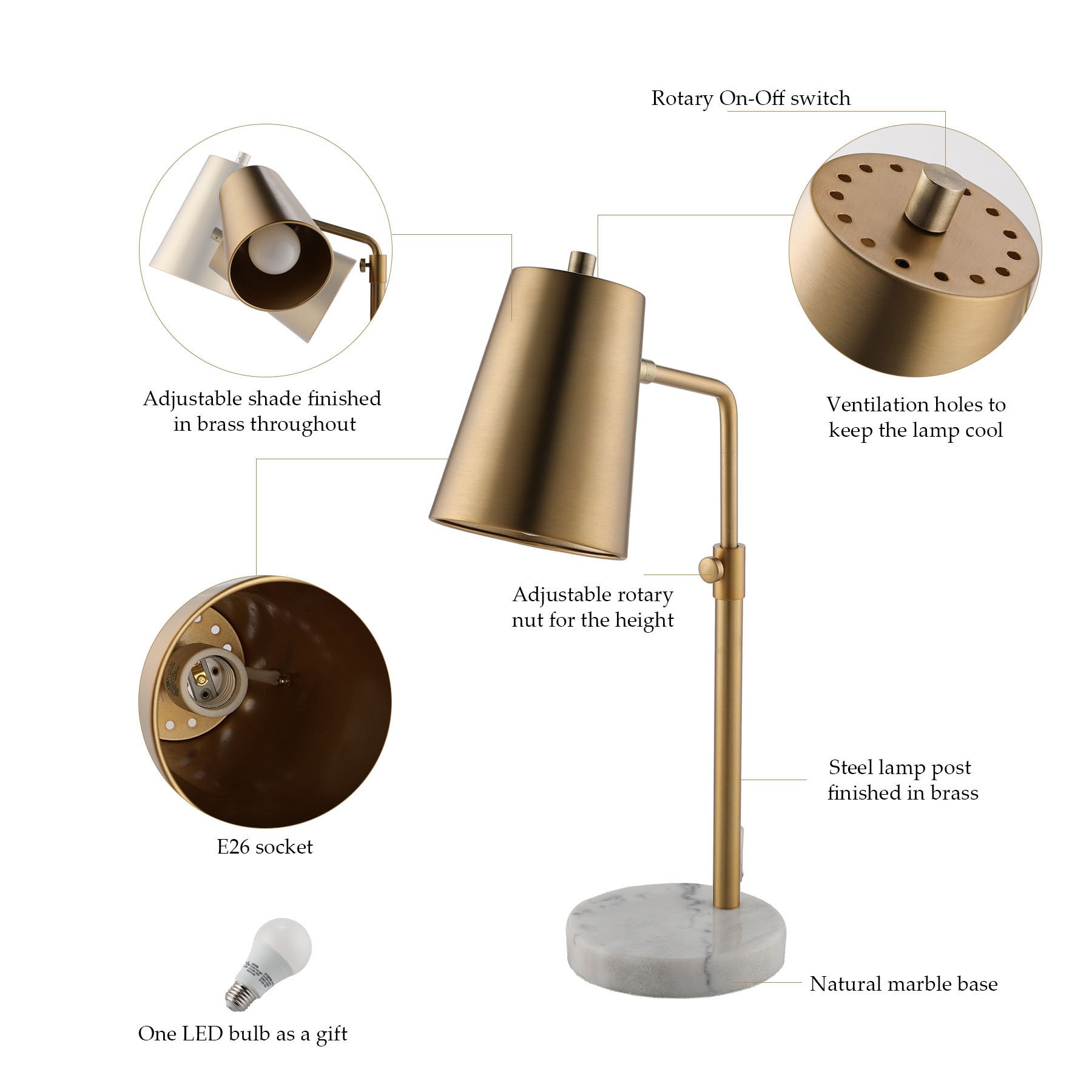 VONLUCE Vintage Gold LED Table Lamp with Marble Base & Brass Shade - 20