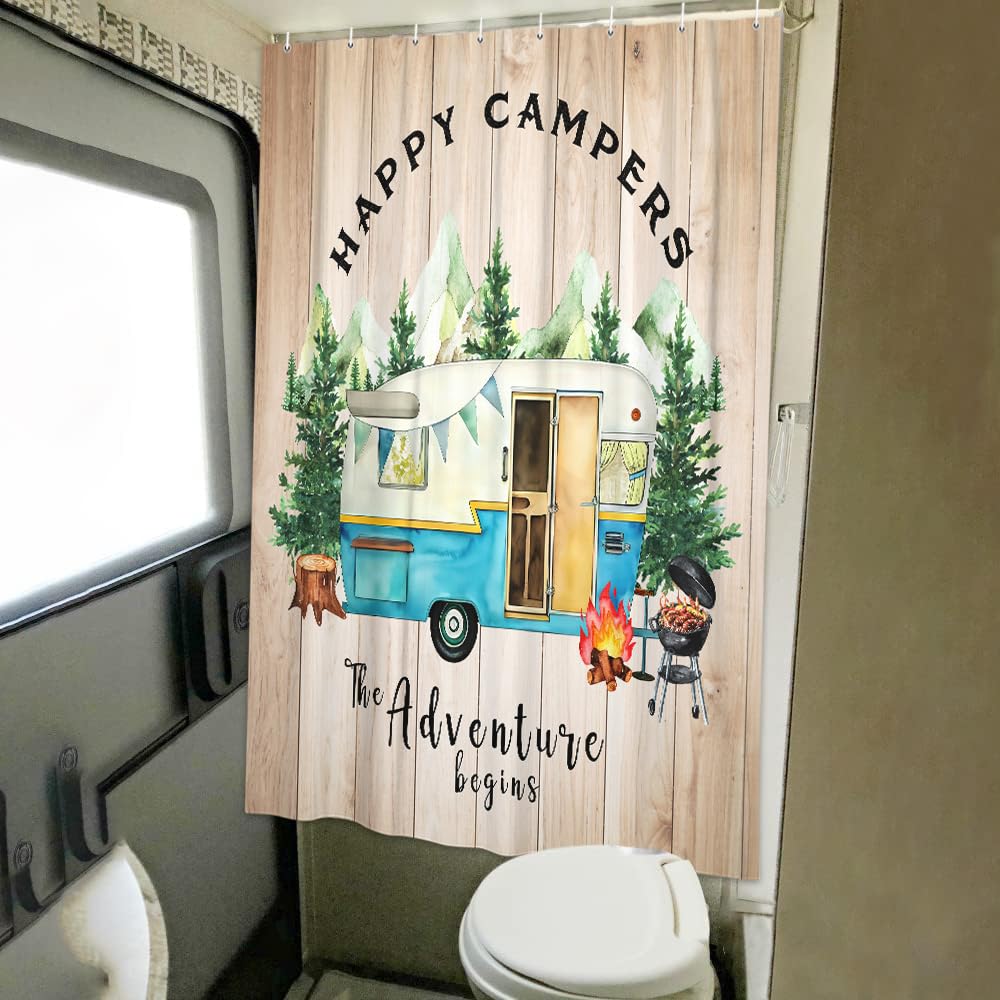 Rustic Farmhouse Shower Curtain for Campers & RVs - 47x64 Inch Tree Mountain Adventure Design - Waterproof Fabric Bathroom Curtain with Hooks - Perfect for Small Bathrooms, Travel Trailers & Outdoor Camping Trips