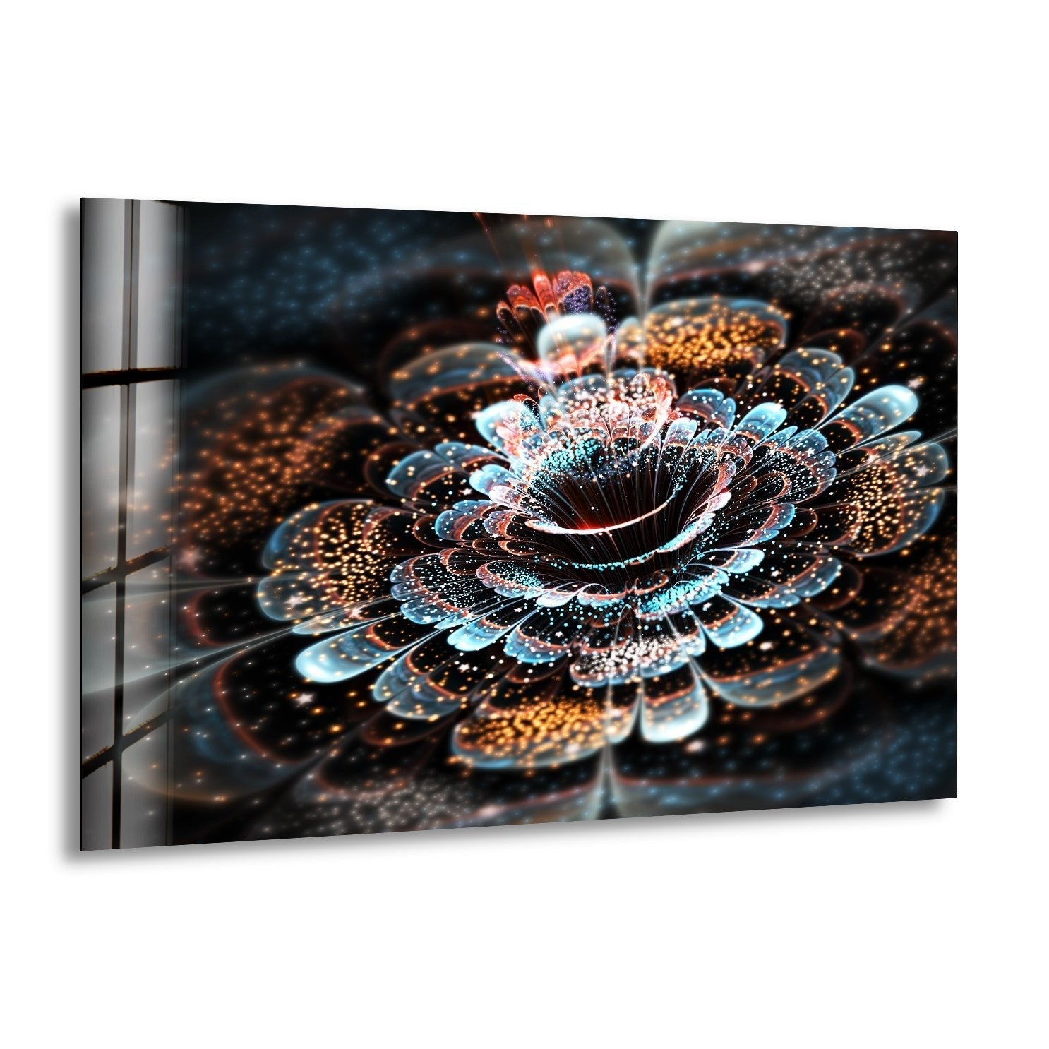 Abstract Fractal Flower Glass Wall Art - Modern Handmade Home Decor for Living Room, Bedroom & Office - Unique 3D Fractal Design Shatterproof Glass Panel Artwork