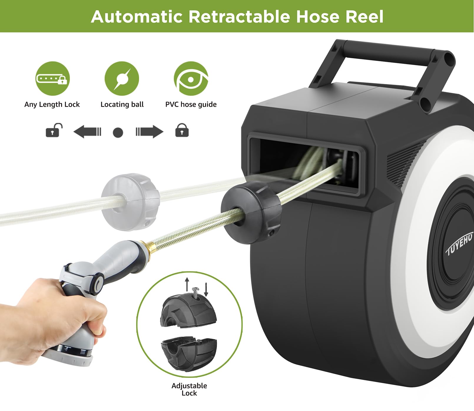 Tuyeho 130 FT Retractable Garden Hose Reel - Heavy Duty Wall Mount Water Hose Reel with Automatic Slow Rewind System - Includes 2 Hose Nozzles - Perfect for Garden Watering, Car Washing, Pet Bathing & Outdoor Cleaning