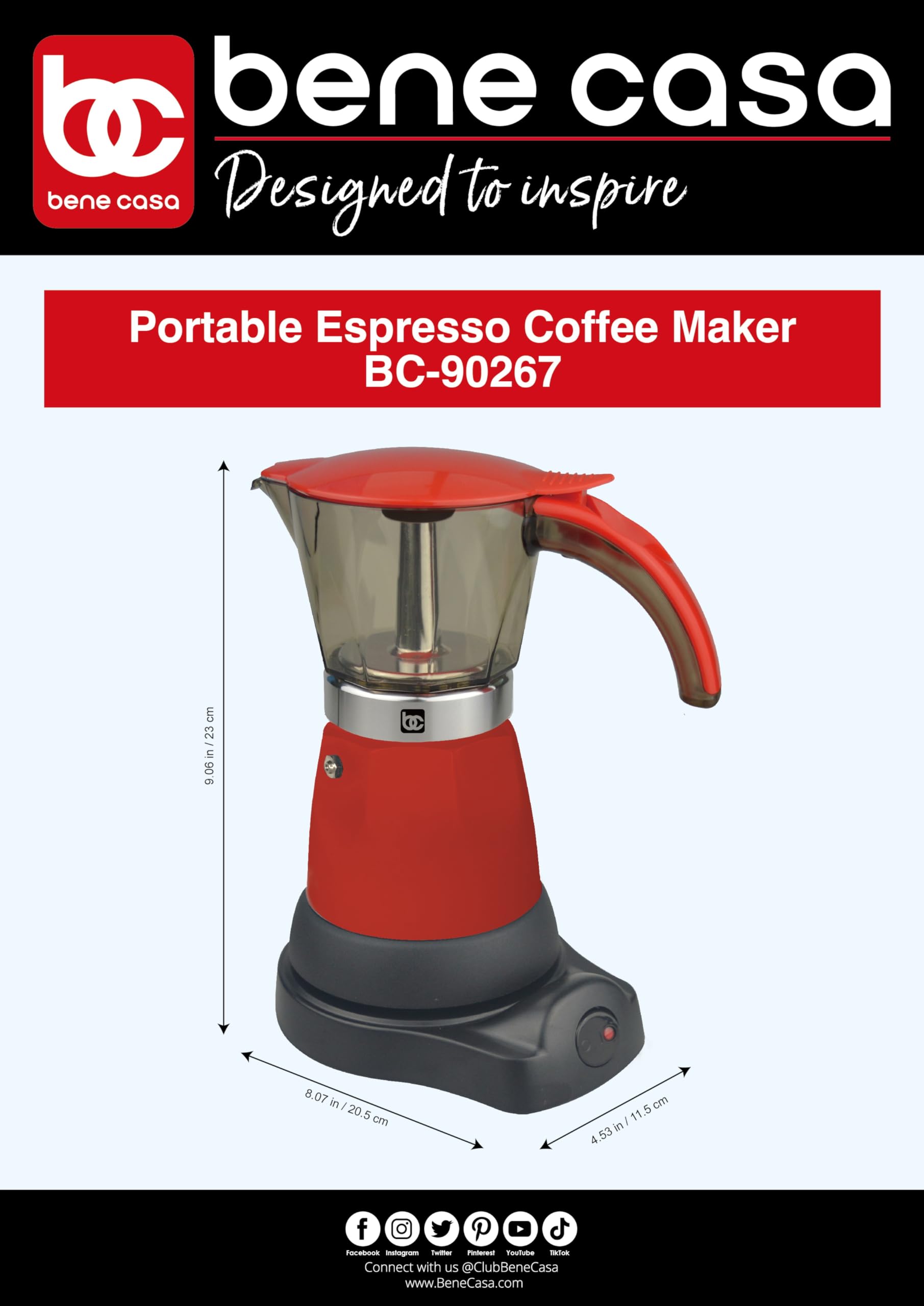 Bene Casa Red Portable Electric Espresso Maker - 3 or 6 Cup Capacity, Fast Heating, Compact Design - Perfect for Home, Office, Travel & Camping Coffee Lovers