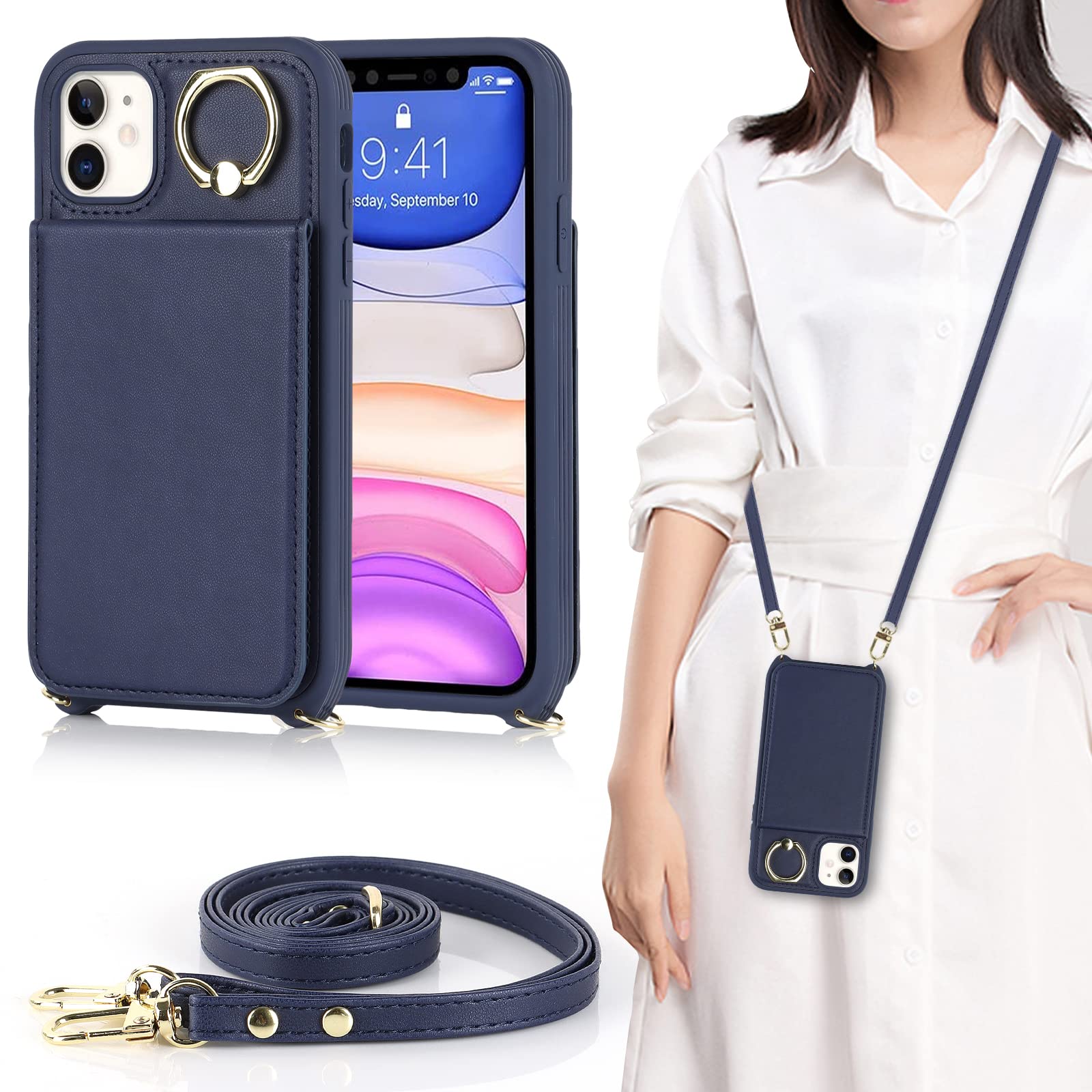 Premium Shockproof iPhone 11 Case with Card Holder & Kickstand - Slim Wallet Phone Cover for Women with Credit Card Slots & Detachable Ring (Blue) | Perfect for Travel, Shopping & Everyday Use