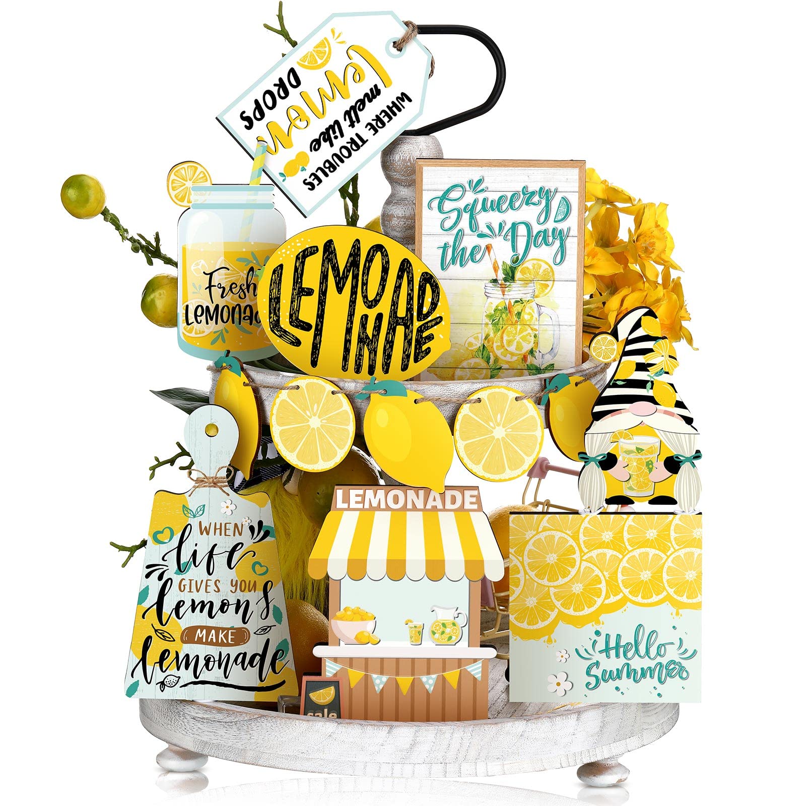 Qunclay 13 Pcs Lemon Tiered Tray Decor - Rustic Farmhouse Wooden Signs for Kitchen, Summer Lemonade Party & Home Decor | Perfect for Table Centerpieces, Wall Decor, and Seasonal Display