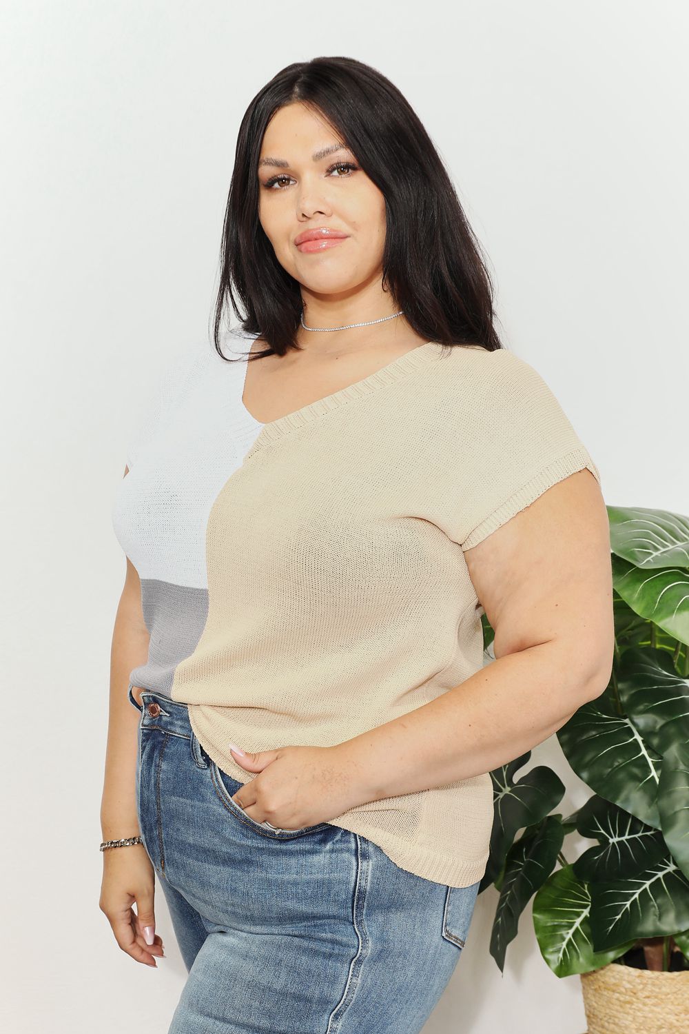 Color Block V-Neck Knit Top for Women - Stylish Casual & Office Wear - Soft Stretch Comfortable T-Shirt for Everyday Outfits
