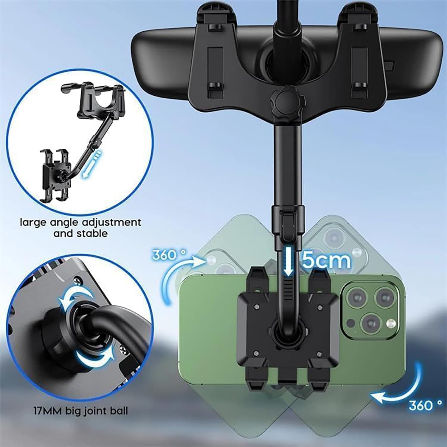Satismoon 360° Rotatable Car Phone Holder - Universal Rearview Mirror Mount for iPhone, Samsung & More - Hands-Free Driving & GPS Navigation Accessory