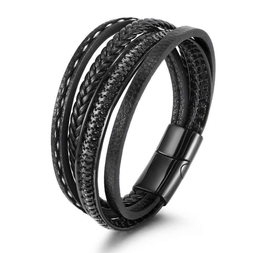 Punk Layered Braid Leather Bracelet for Men with Cross Pendant & Adjustable Stainless Steel Magnetic Clasp - Handwoven Multi-Layer Bangle Jewelry for Teen Boys - Perfect for Casual Wear, Gifts & Rocker Style