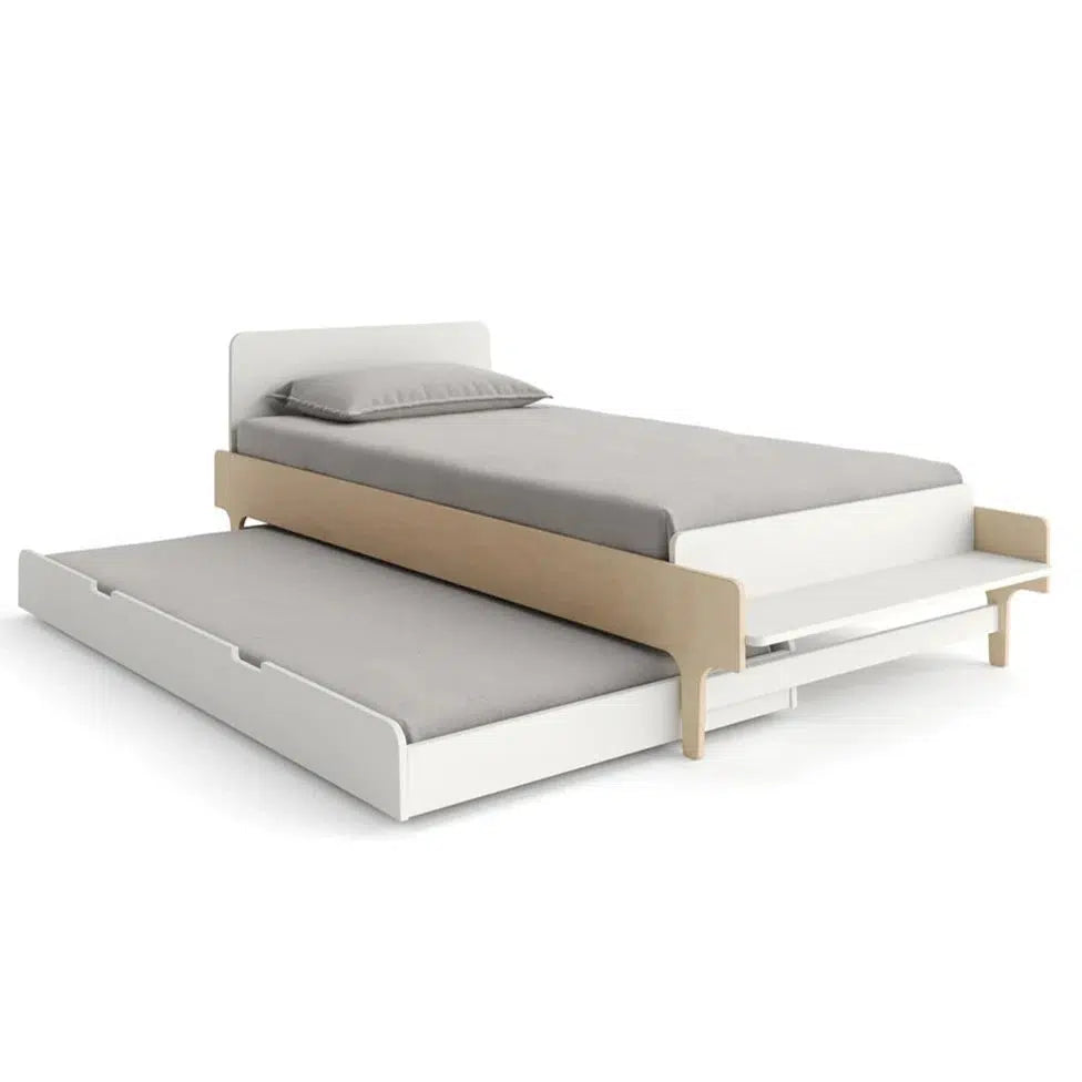 Oeuf River Twin Bed Frame - White & Birch Wood - Modern Kids Bedroom Furniture for Boys and Girls - Perfect for Small Spaces and Shared Rooms