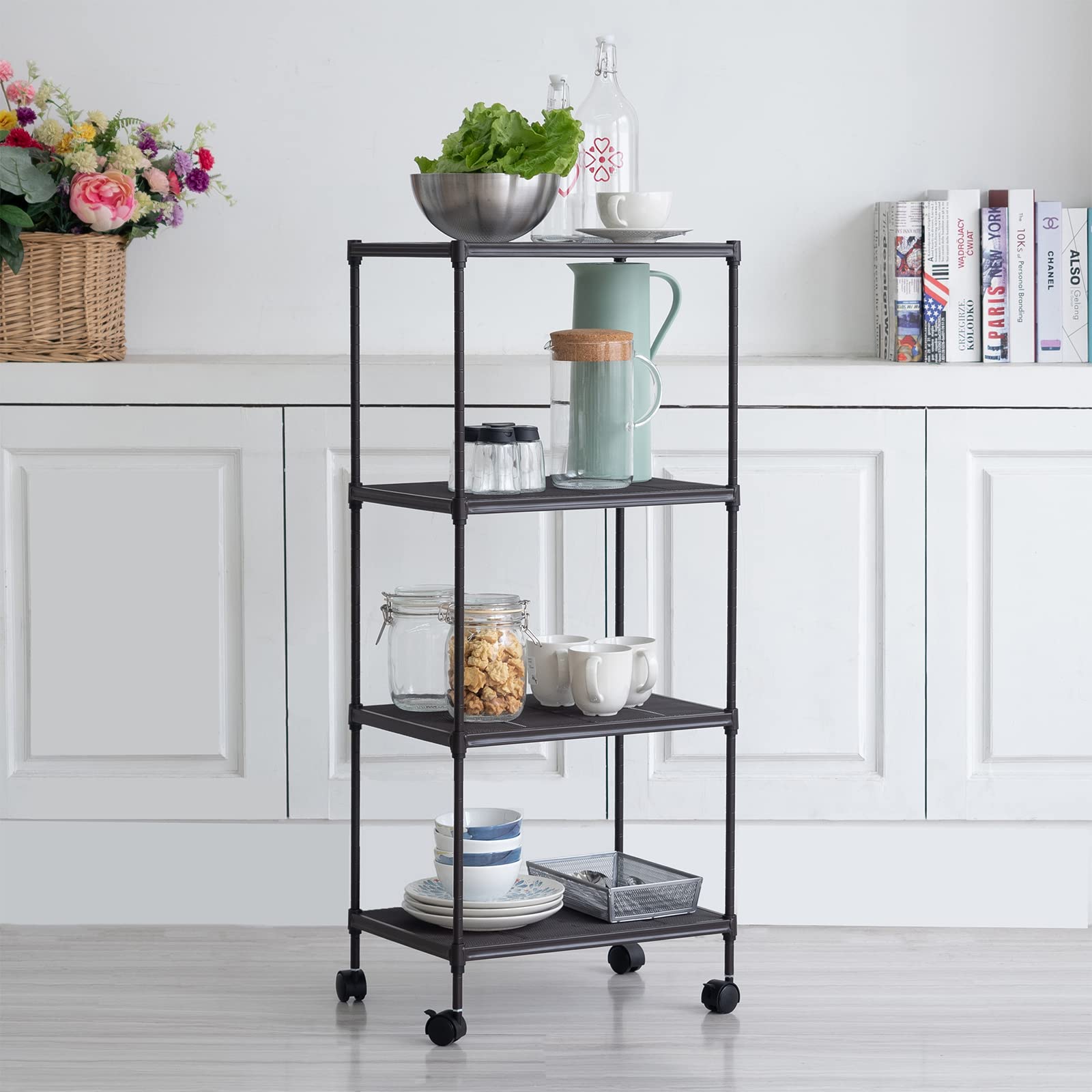 OVICAR 4-Tier Heavy Duty Wire Storage Shelves - Adjustable Metal Shelving Unit with Locking Wheels - Steel Garage Shelf Organizer for Kitchen, Pantry, Laundry, Closet & Tool Storage - Perfect for Home Organization & Commercial Use (Black)