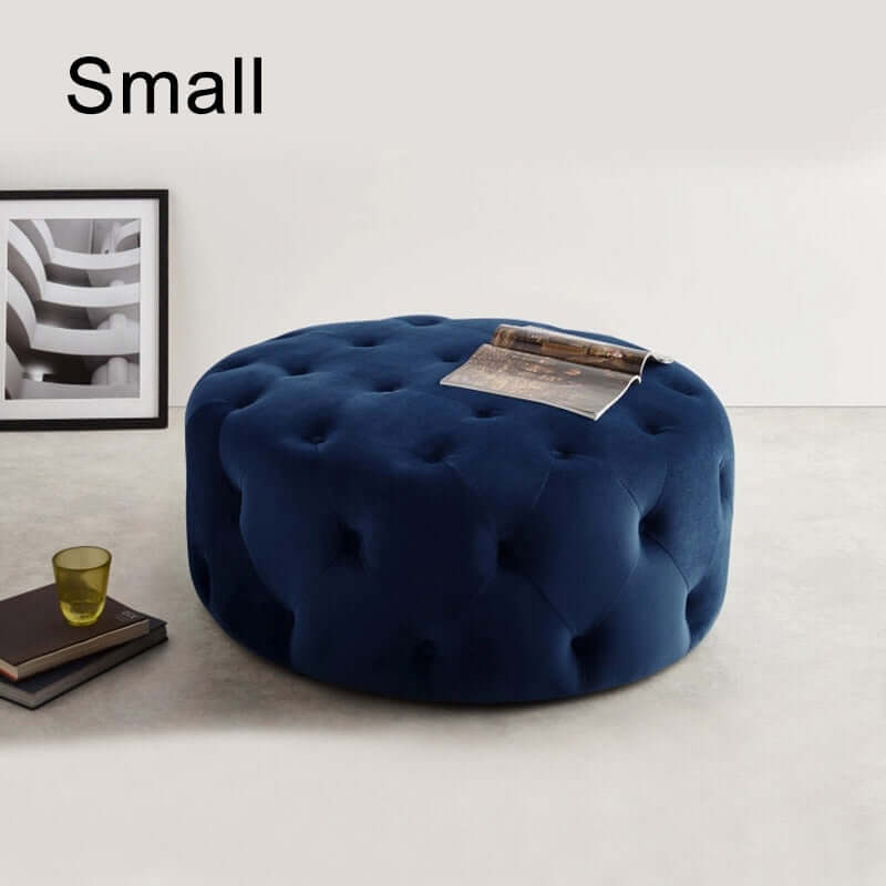 Tufted Ottoman Light Gray Velvet Coffee Table Pouf - Round Cocktail Footrest for Living Room, Bedroom & Home Decor
