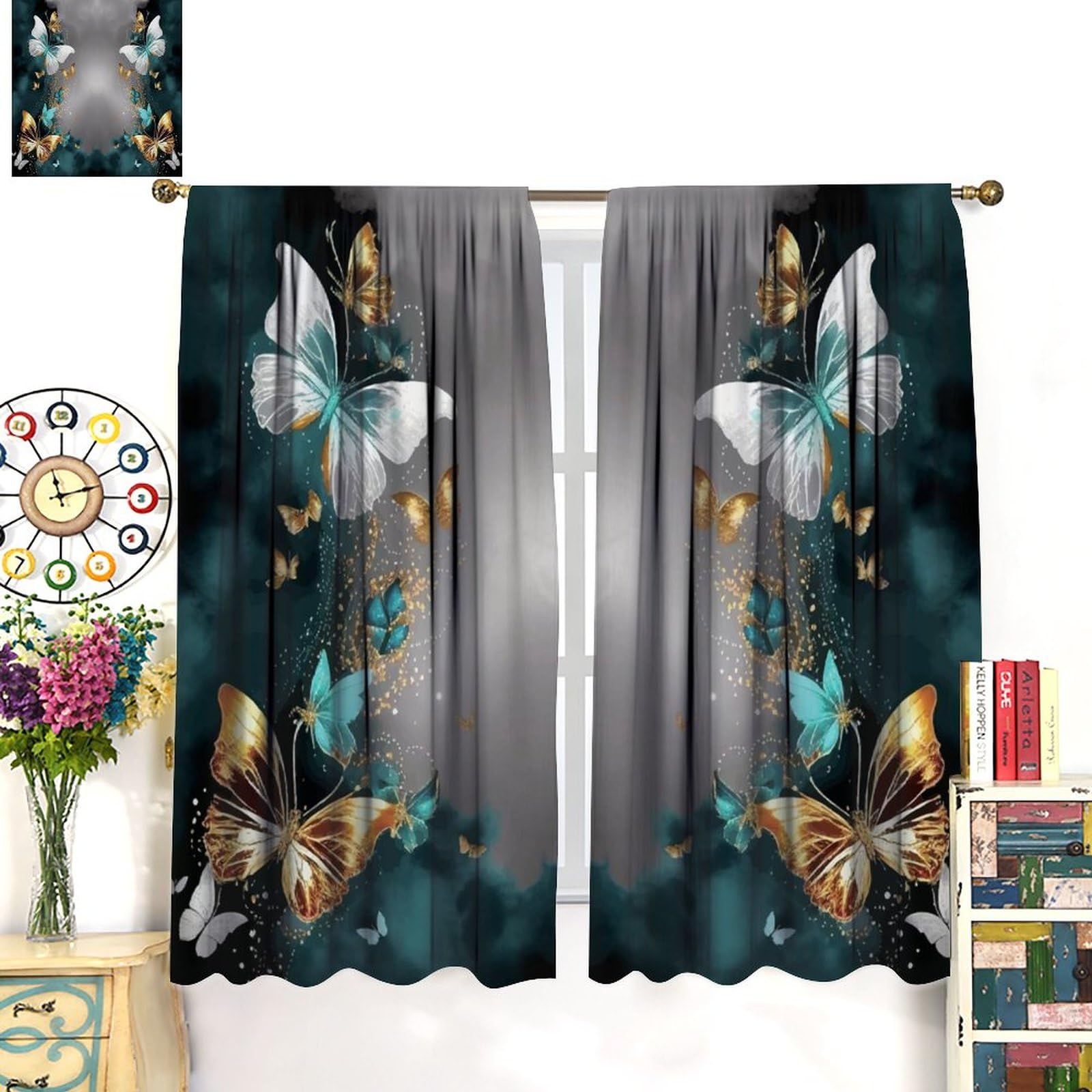 Golden Butterfly Blackout Curtains 42x45 Inch - Elegant Flying Butterfly Design for Bedroom & Living Room Window Treatments | Romantic Style, Light Blocking, Thermal Insulation | Perfect for Nursery, Dorm, or Home Decor