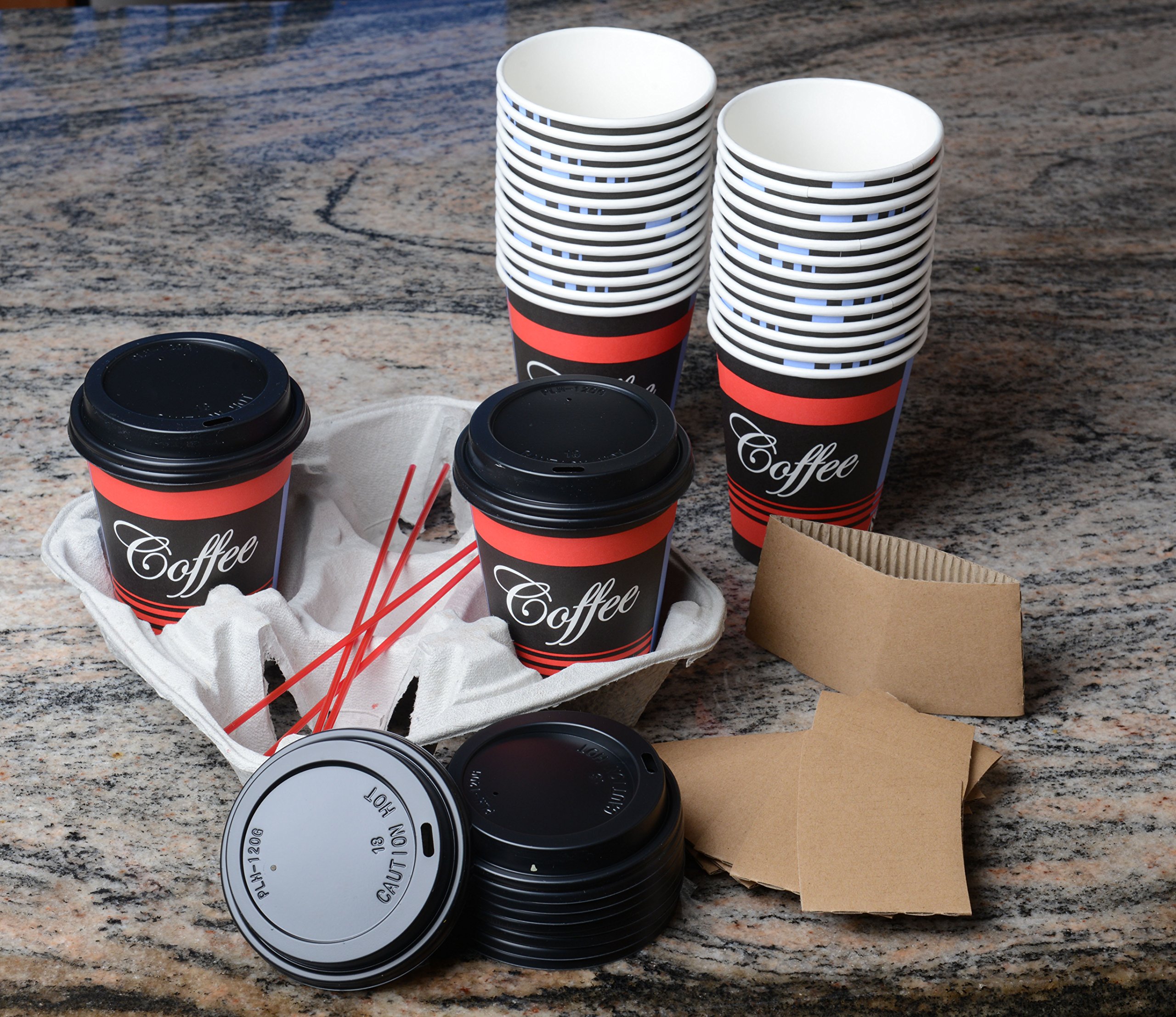 50-Pack 12oz Disposable Paper Coffee Cups with Black Lids, Sleeves & Stirrers - Eco-Friendly Hot/Cold Beverage Cups for Coffee, Tea, Hot Chocolate, Latte & Cappuccino - Perfect for Office, Travel, Parties & Cafes