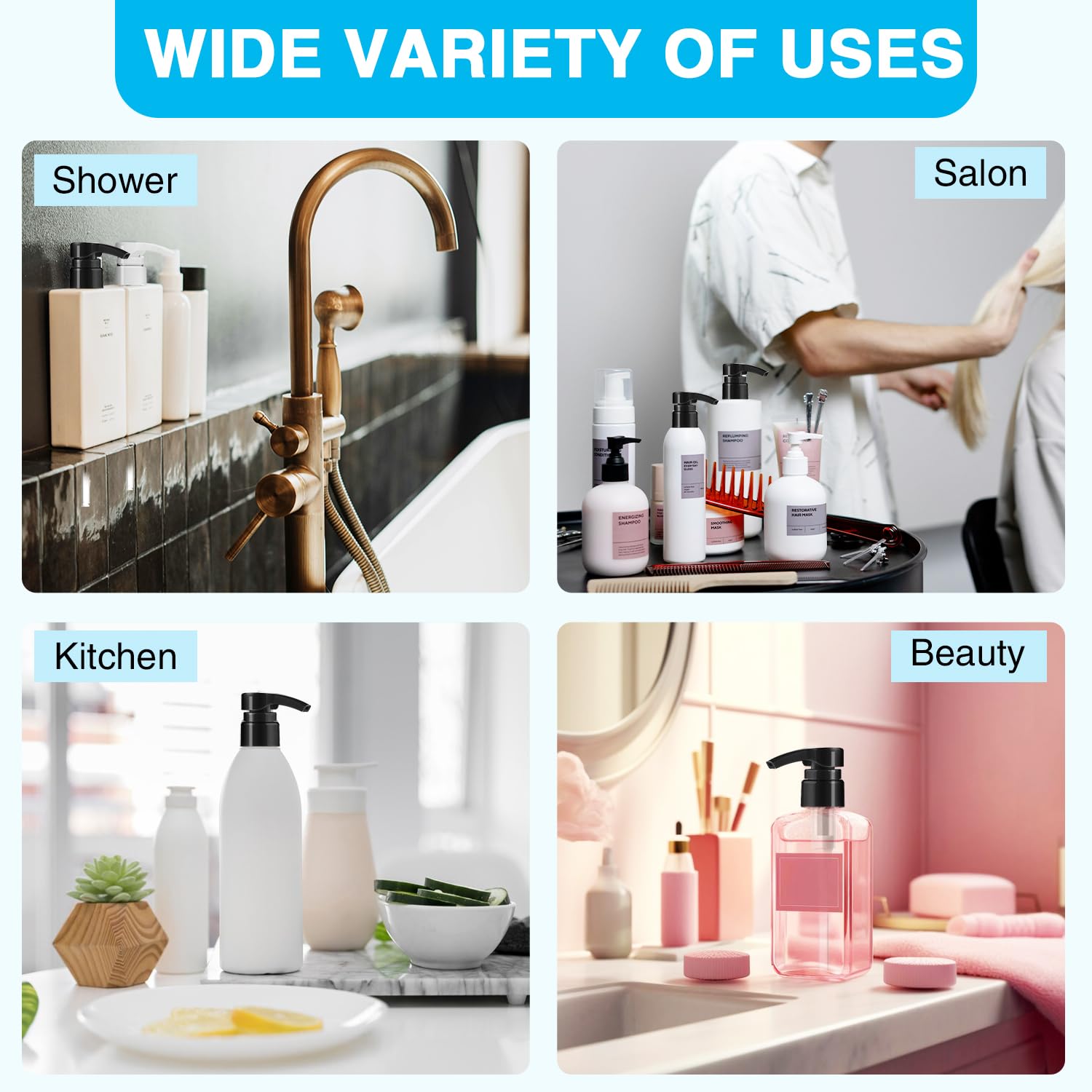 4-Pack Shampoo Pump Dispenser for 33.8 oz Bottles - Fits Most Salon Shampoo, Conditioner & Lotion Bottles with 1-Inch Opening - Black & White Replacement Pump Top for Soft Hair Products, Body Wash & Moisturizers - Perfect for Salon, Spa & Home Bathroom Use