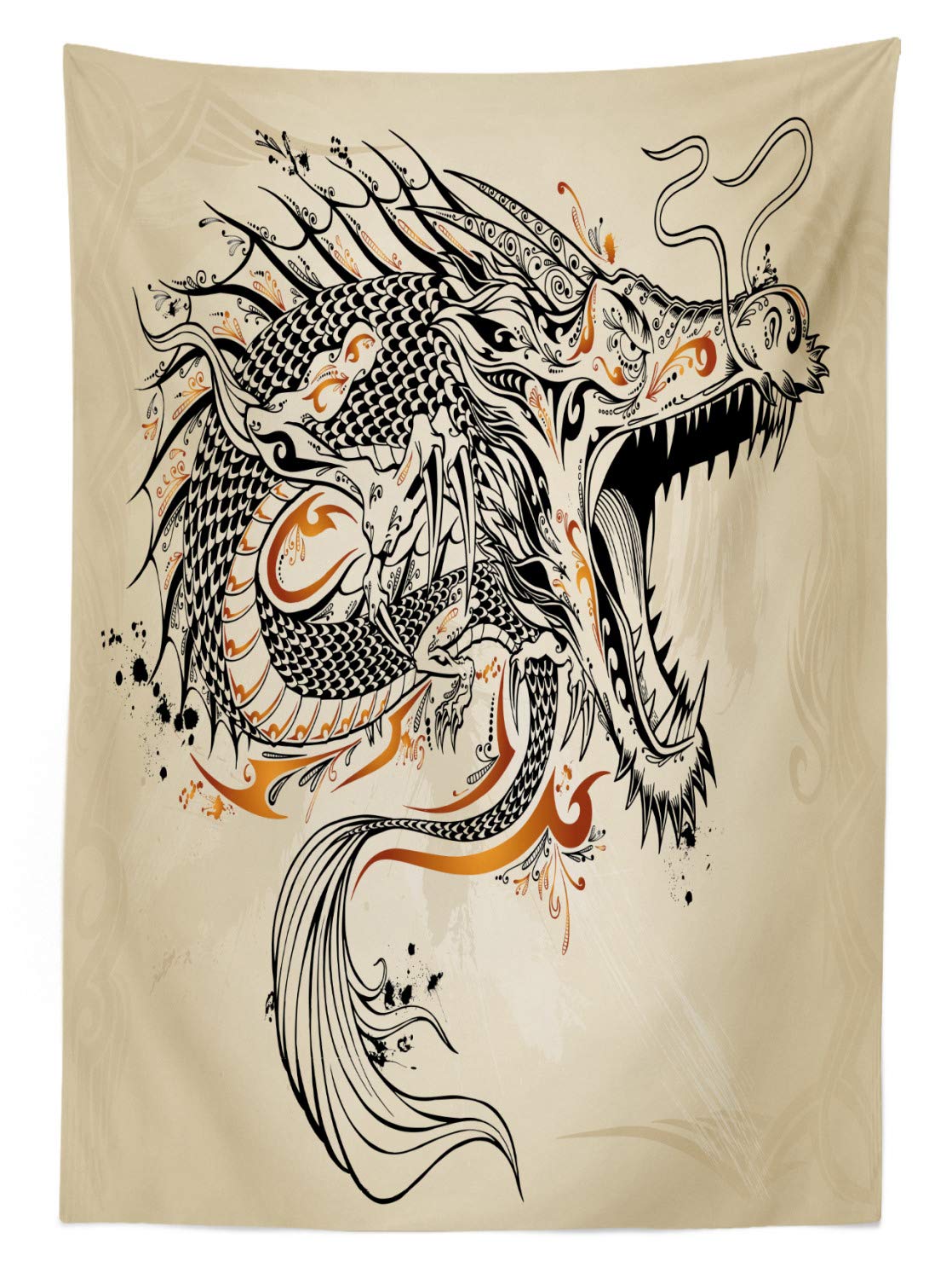 Ambesonne Japanese Dragon Tablecloth - Doodle Style Roaring Creature Design with Tail, Fangs & Tribal Scales - 58