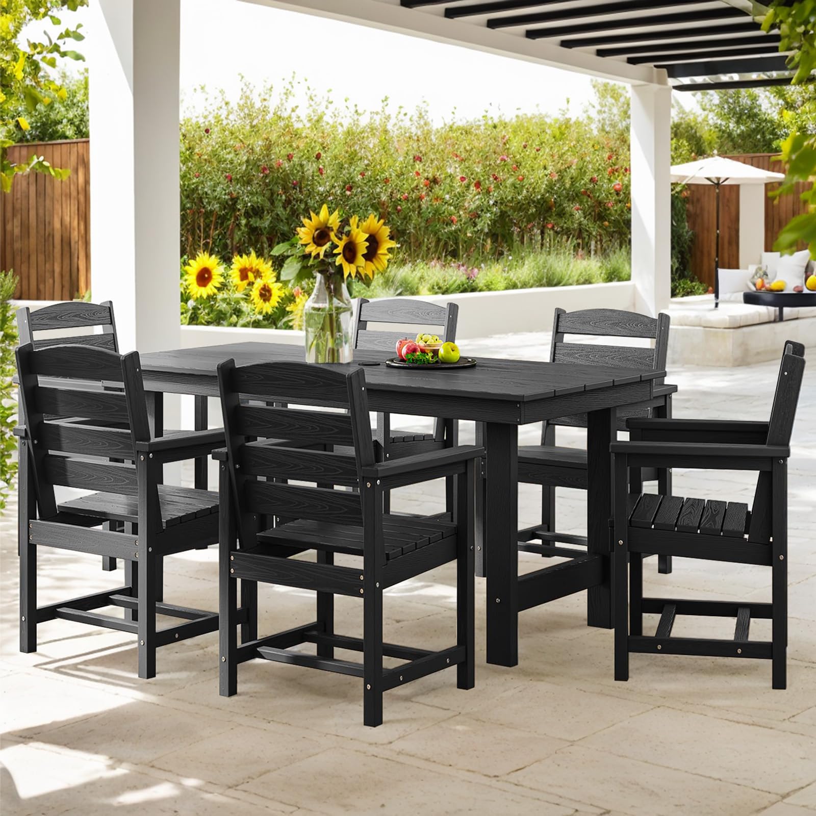 TenKa 7-Piece HDPE Patio Furniture Set for 6 People - Durable Outdoor Dining Table with 6 Chairs & Umbrella Hole - Perfect for Garden, Backyard, Lawn, Poolside & Outdoor Entertaining