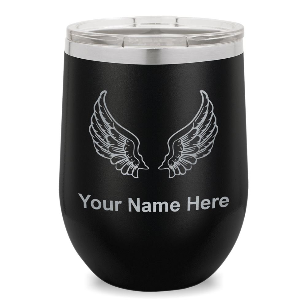 Personalized Engraved Wine Glass Tumbler with Angel Wings Design - Elegant Black Stemware for Wedding Gifts, Anniversary Presents & Romantic Dinners