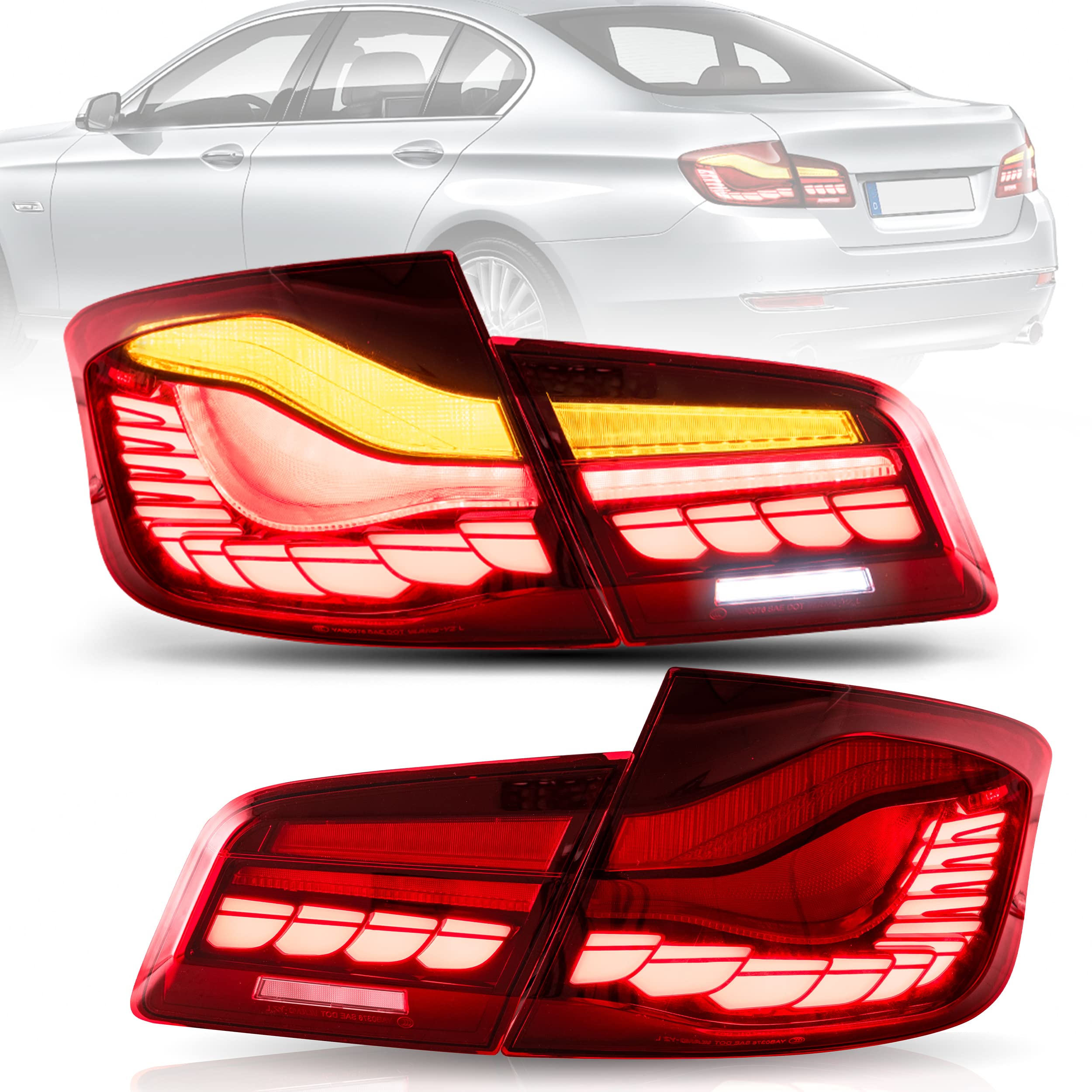 VLAND OLED Tail Lights Assembly for BMW 5 Series F10 F18 2011-2017 - Dynamic Dragon Scale DRL Red Rear Lamps - Upgrade Your 535i, 528i, 550i - Perfect for Night Driving & Car Customization