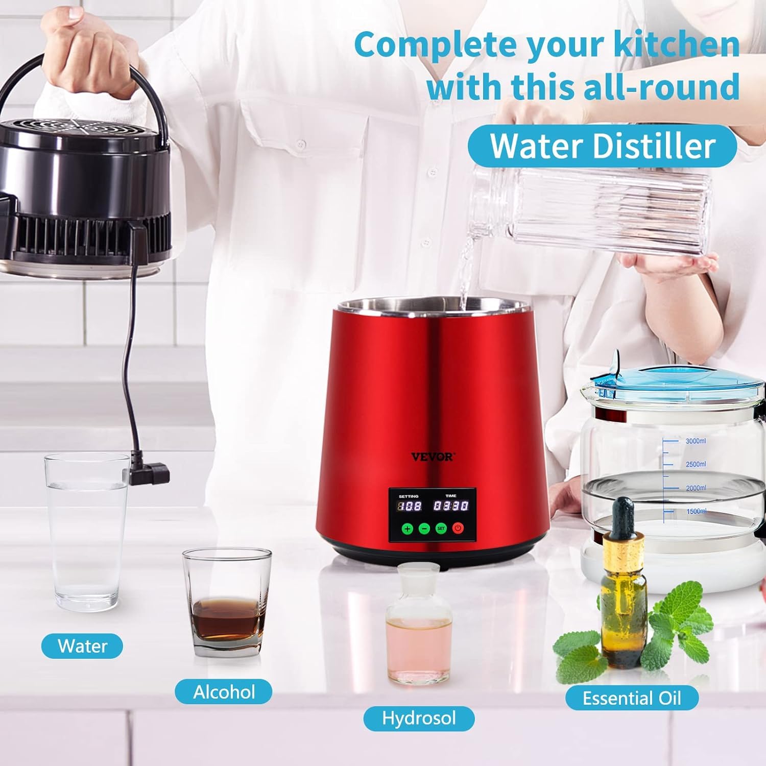 VEVOR 1.1 Gallon Water Distiller Machine with 0.3GPH Output, 750W Countertop Distilled Water Maker with 0-99H Timer & Temperature Display, 304 Stainless Steel & Glass Carafe - Includes Cleaning Powder & 3 Carbon Filters (Red) - Perfect for Home, Office, and Emergency Water Purification