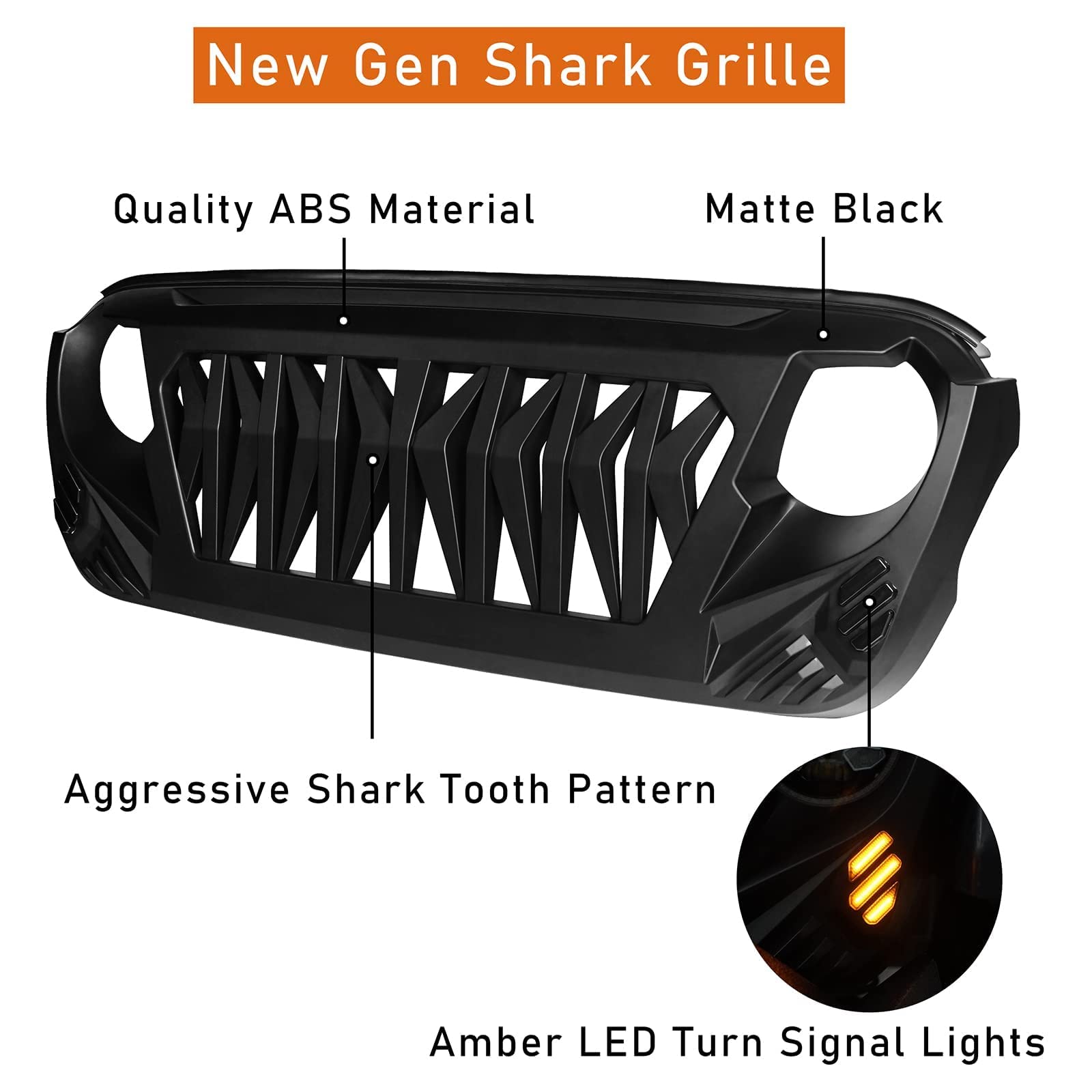 Hooke Road JL/JT Front Grill Cover Shark Grille Guard with Amber Signal Lights for Jeep Wrangler JL JLU & Gladiator JT 2018-2025 | Off-Road Protection & Stylish Upgrade for Adventure Enthusiasts