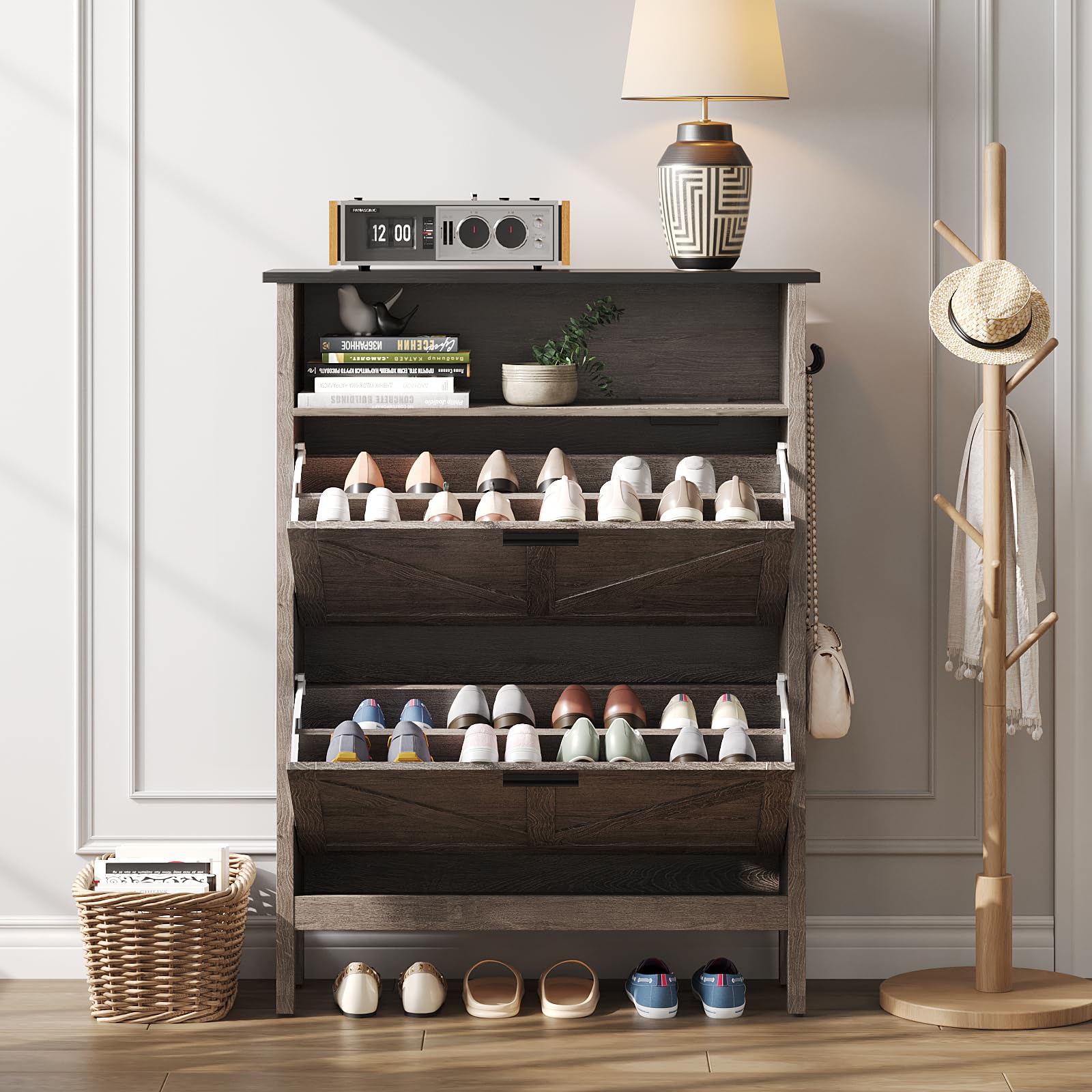 Shoe Storage Cabinet with 2 Flip Drawers - Automatic Deodorizing Shoe Organizer - Freestanding Grey Shoe Rack for Closet, Entryway & Bedroom Organization