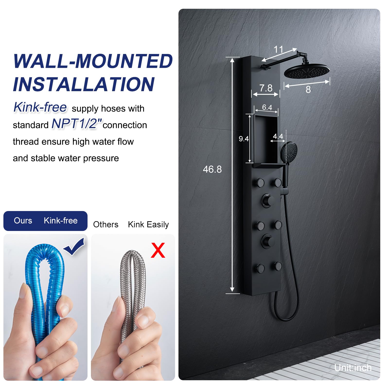 ROVATE Matte Black Shower Panel Tower System with 6 Body Jets, Rainfall Shower Head & Handheld - Adjustable Shower Arm, Self-Cleaning Stainless Steel Shower Column with Shelf - Perfect for Modern Bathroom & Spa Experience