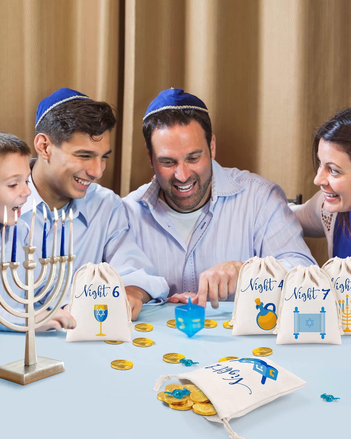 8 Nights of Hanukkah Drawstring Bags - Chanukah Gift Bags Set of 8, Hanukkah Countdown Calendar, Linen Treat Goodie Bags for Festival of Lights Party Favors - Perfect for Holiday Gifting, Classroom Celebrations & Jewish Tradition Events