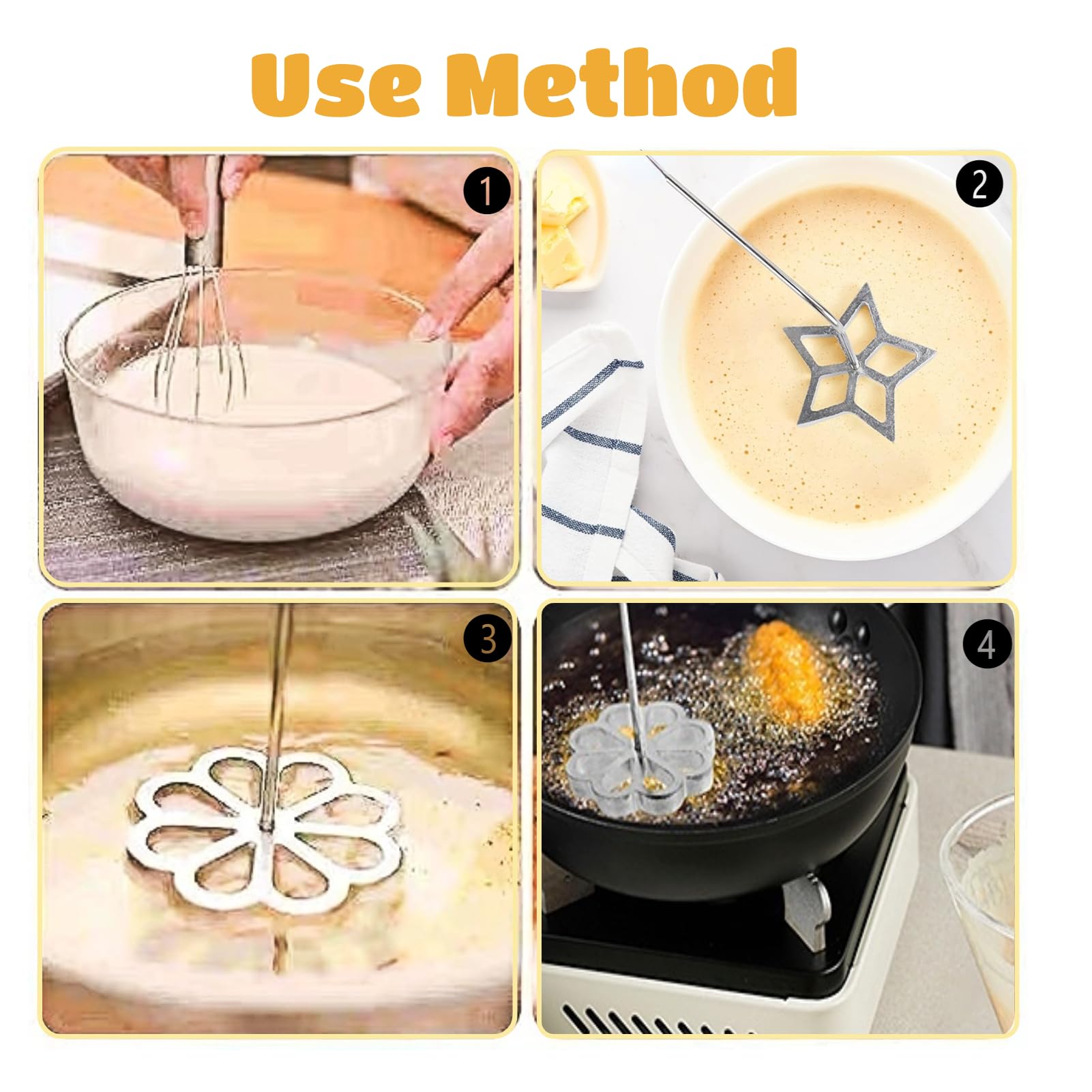 Rosette Iron Set with Handle - 4 Shapes Waffle Mold Kit for Cake, Cookie, Pastry & Biscuit Making | Baking Accessories & Gift for Bunuelos | Perfect for Home Baking, Holiday Treats & Dessert Decorations