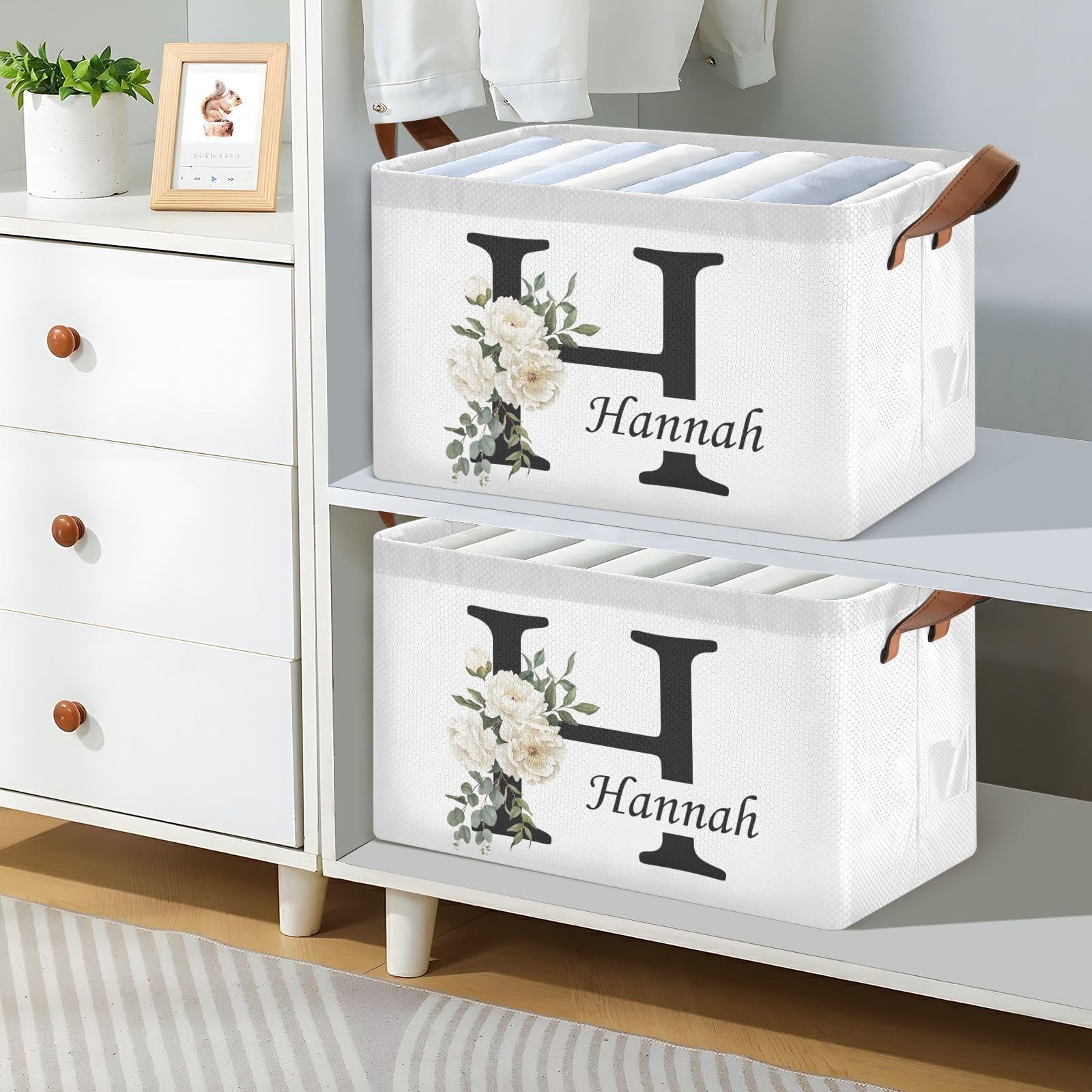 Personalized Floral Storage Basket with Handles & Clear Labels - Foldable Laundry Organizer Bin, Custom Name Collapsible Cube for Home, Kids Room, Closet & Shelf - Perfect for Wedding Gifts & Home Organization (2 Pack)