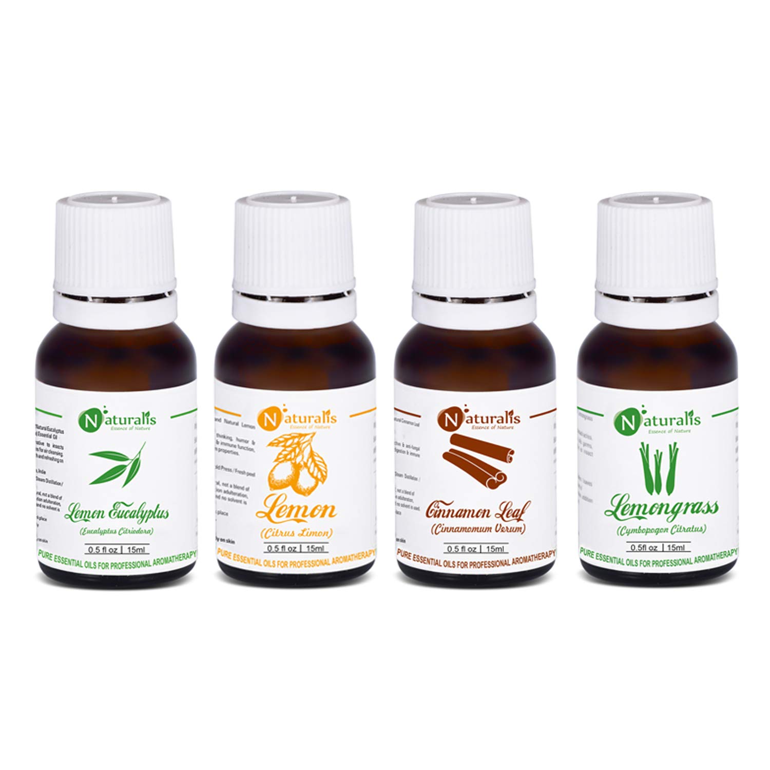 Naturalis 4-Pack Essential Oil Set - 15ml Natural Insect Repellent (Lemon Eucalyptus, Lemon, Cinnamon Leaf & Lemongrass Oils) - Perfect for Outdoor Camping, Hiking & Home Aromatherapy