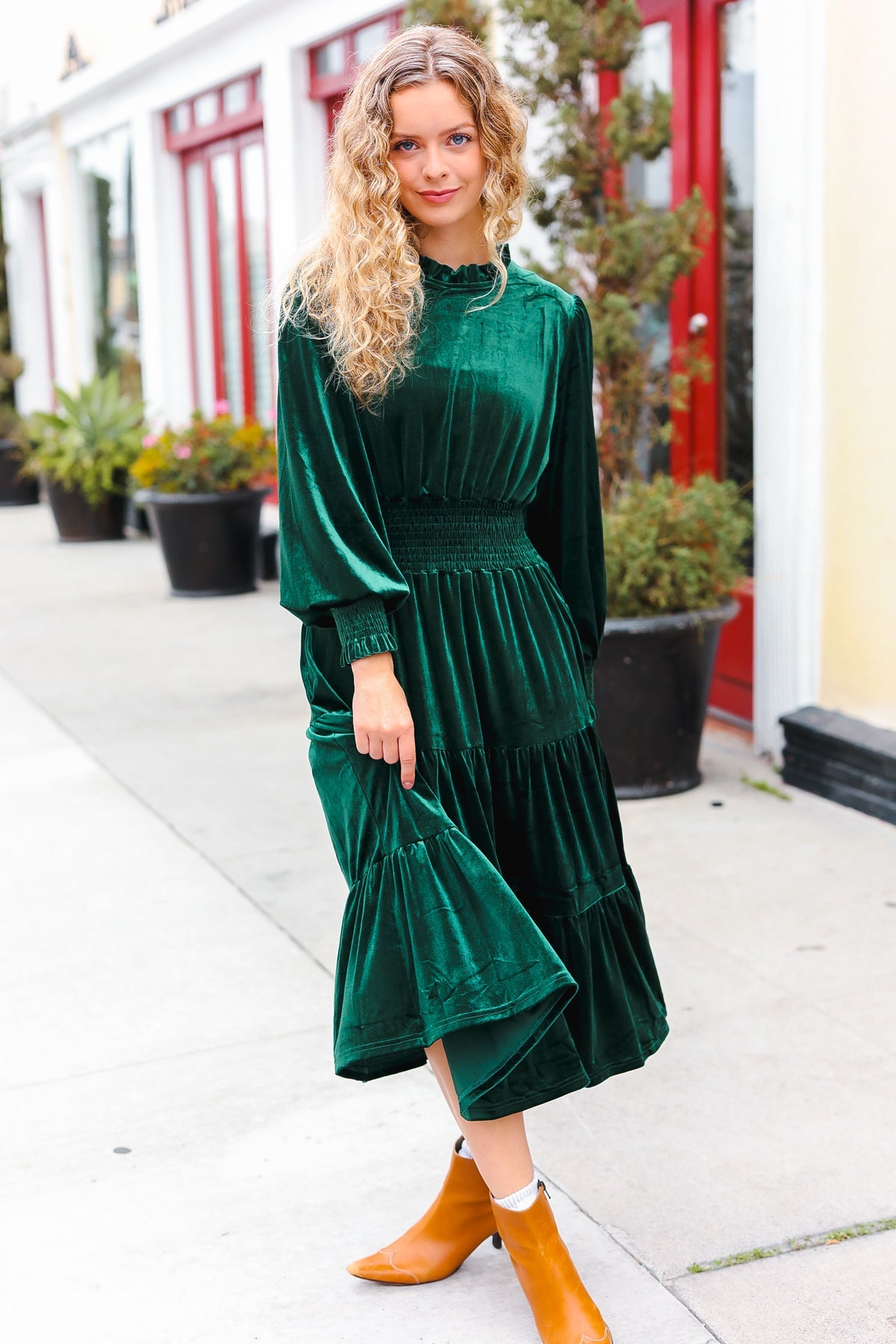 Holiday Dreaming Hunter Green Velvet Mock Neck Smocked Waist Dress for Women - Elegant Holiday Party & Christmas Dinner Outfit