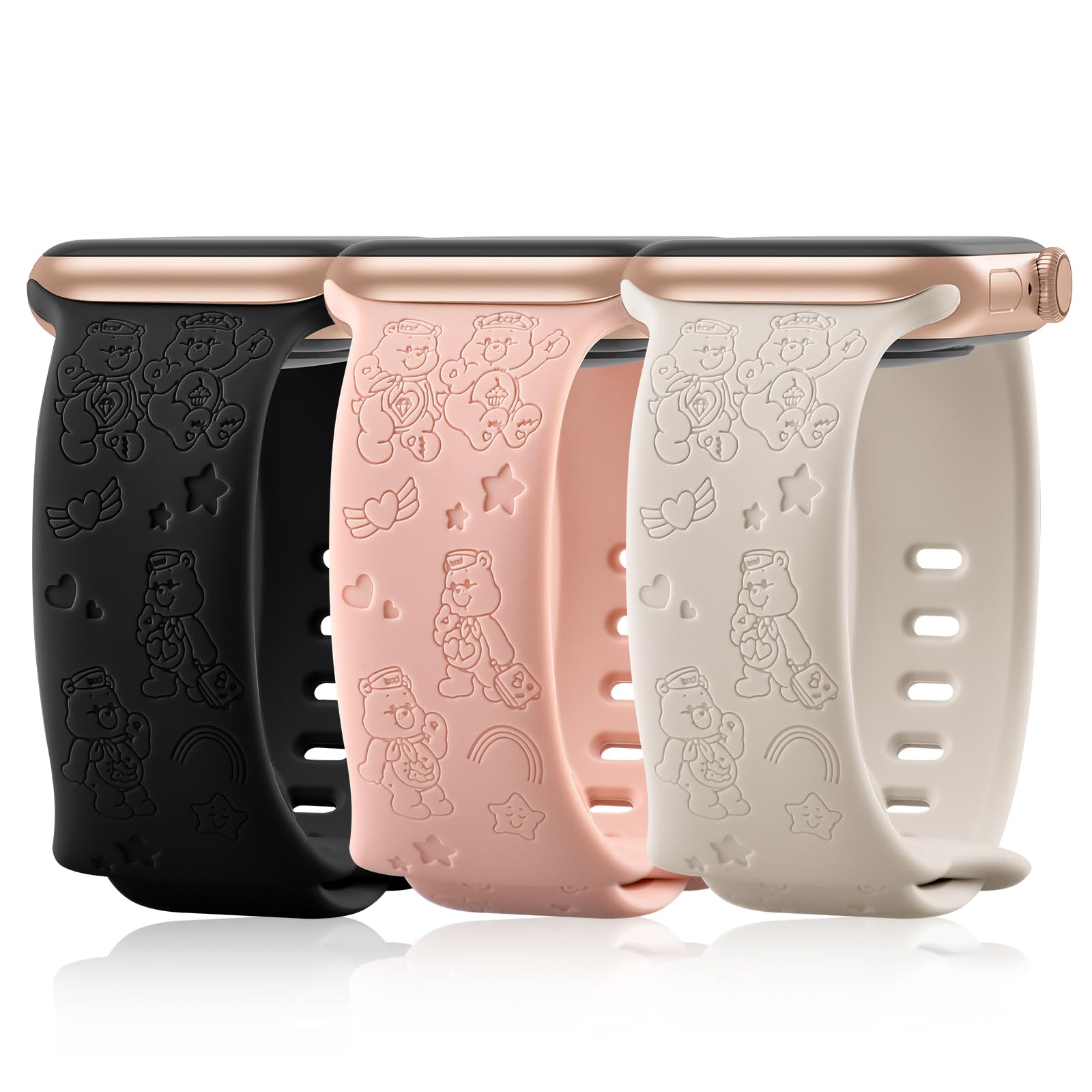 3 Pack Engraved Apple Watch Bands - Soft Silicone Sport Strap Compatible with 38mm/40mm/41mm/42mm/44mm/45mm iWatch Series 9/8/7/6/5/4/3/2/1/SE - Cute Wristband for Women - Perfect for Workouts, Running & Everyday Wear
