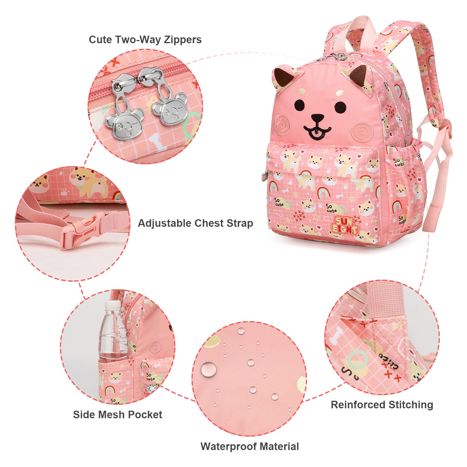 SUN EIGHT Cute Puppy Toddler Backpack for Girls Age 2-5 - Durable Kindergarten & Preschool Backpack for Little Girls - Perfect for School, Daycare, Travel & Outdoor Adventures