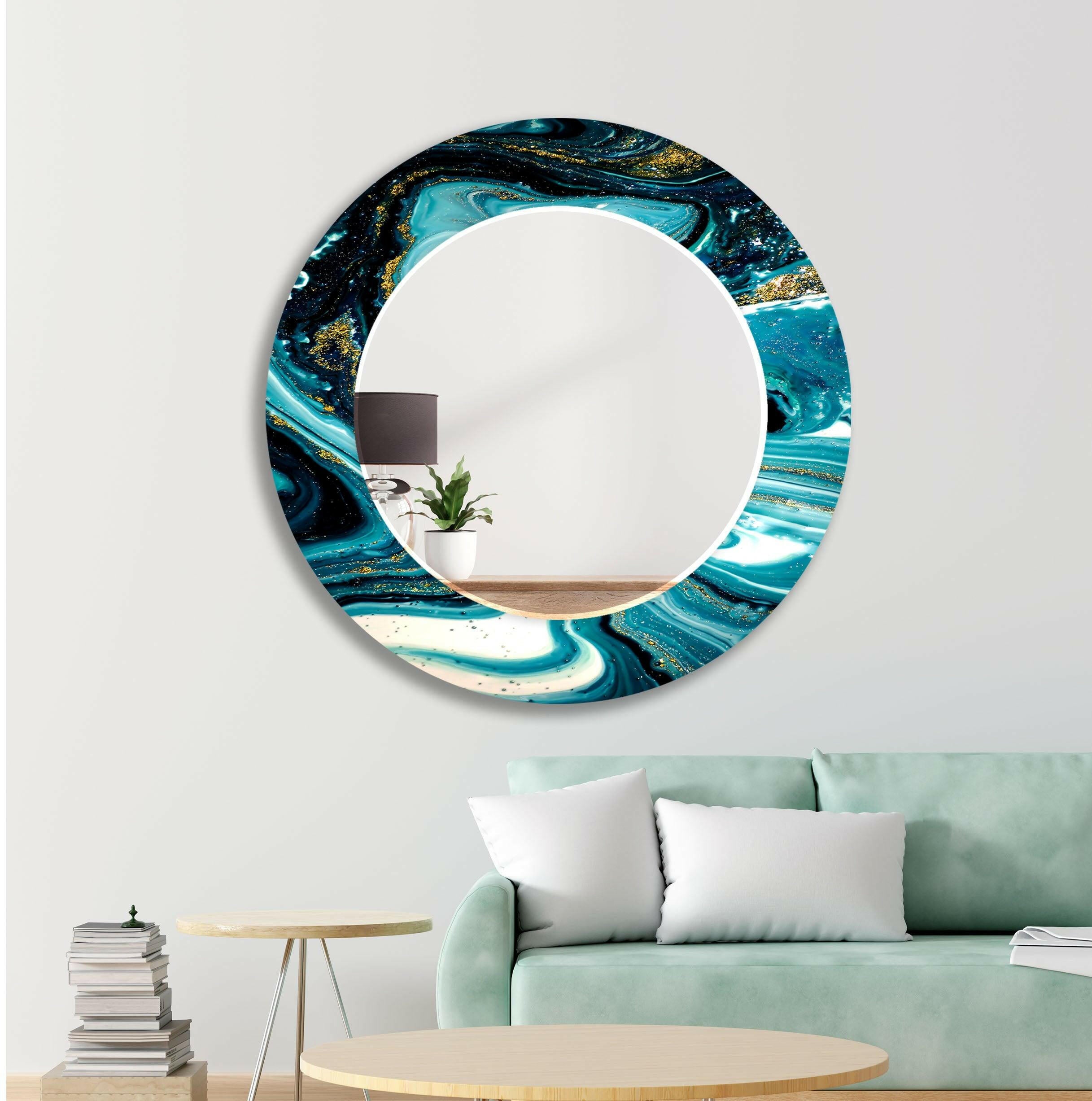 Blue and Gold Marble Wall Mirrors - Elegant Home Decor for Living Room, Bedroom, Bathroom & Entryway | Stylish Round Mirror with Metallic Frame for Modern Interior Design