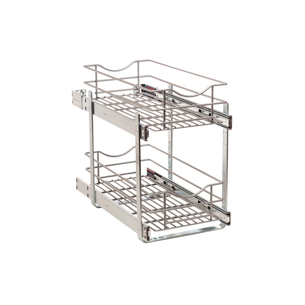 Knape & Vogt Simply Put 11-inch Wide x 19.2-inch Tall 2-Tier Pull Out Cabinet Basket Organizer in Frosted Nickel - Perfect for Kitchen, Bathroom & Pantry Storage Solutions