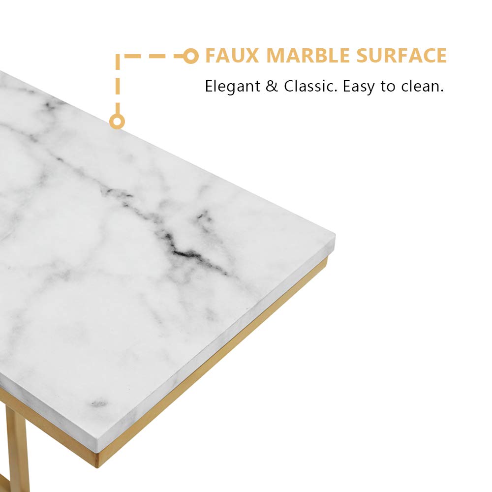 Modern Gold C-Shape Side End Table with Faux Marble Tray - Sturdy Metal Frame Snack Table, Laptop Stand & Coffee Holder - Compact Living Room, Bedroom, Office Furniture (1 Piece)