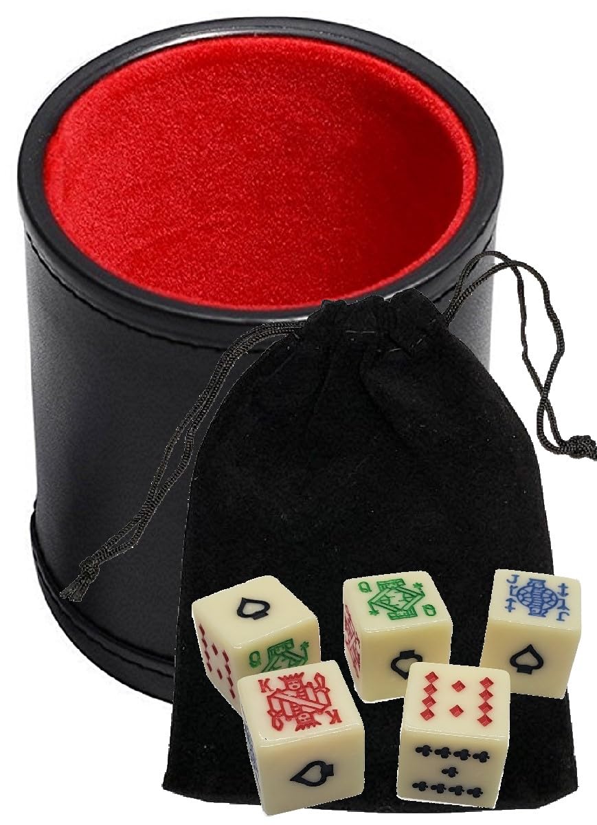 Black PU Leather Dice Cup with Red Felt Lining - Poker Dice Set for Casino Night & Board Games