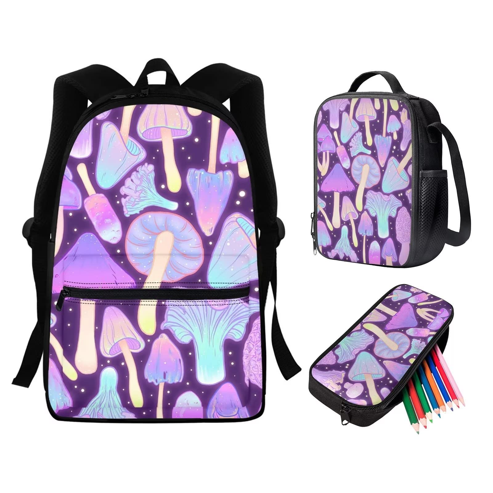 Pink Mushroom Starry Backpack Set for Kids - School Bag, Lunch Box & Pencil Case | Cute Elementary & Middle School Backpack for Boys & Girls | Durable Bookbag for Daily Use, Travel & Outdoor Activities