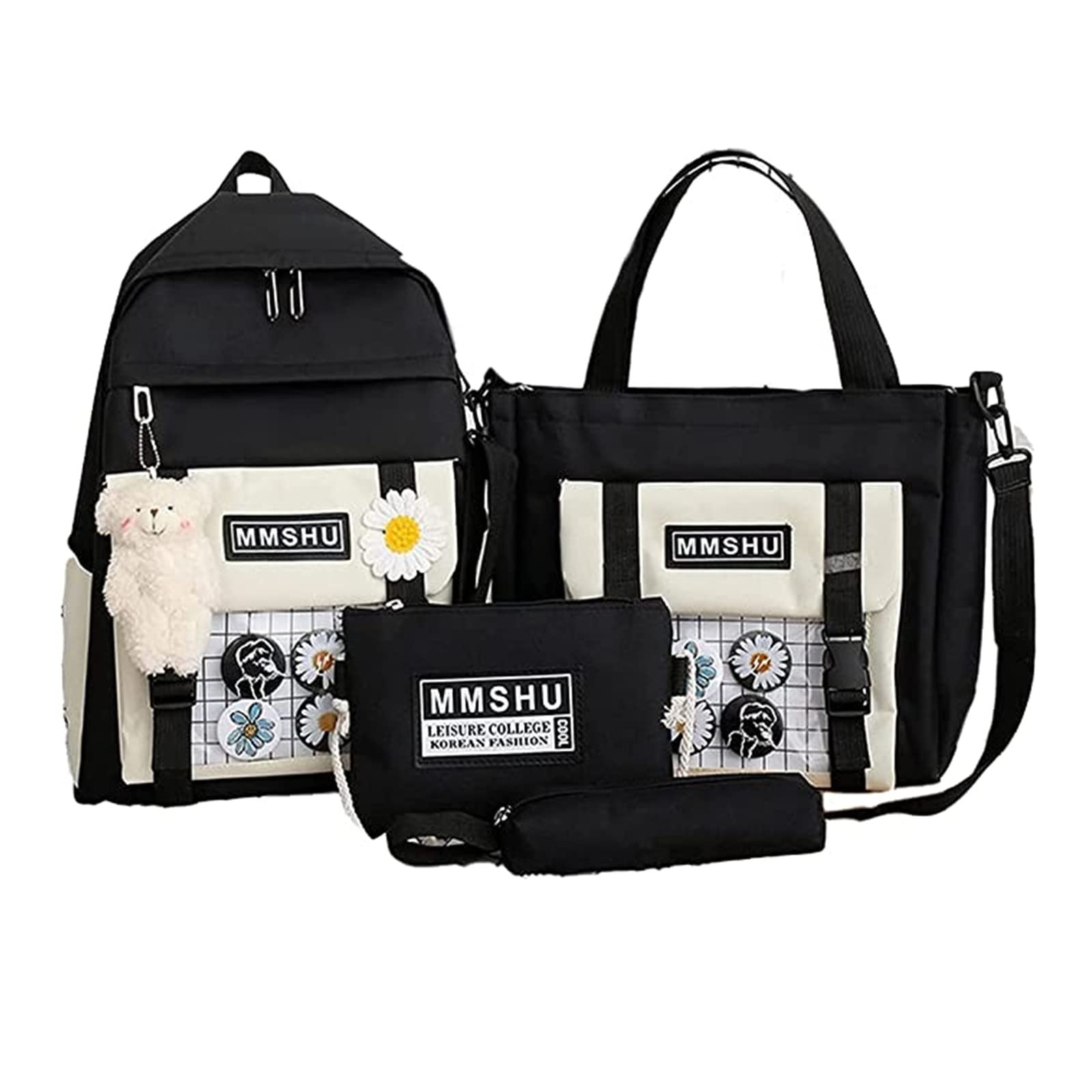 4Pcs Cute Kawaii Backpack Set - Canvas Bookbag with Teddy Bear Pendant, Combo Set with Bear Pendant Handle Shoulder Tote Bag (Black) for School, Travel & Daily Use