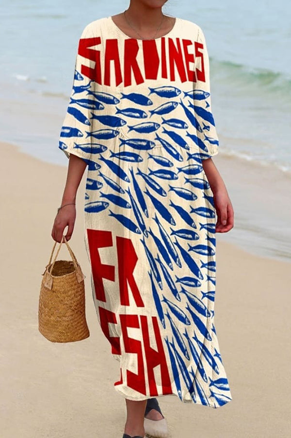 Stylish Marine Print V-Neck Short Sleeve Midi Dress for Women | Beach Vacation, Summer Party & Casual Outfit