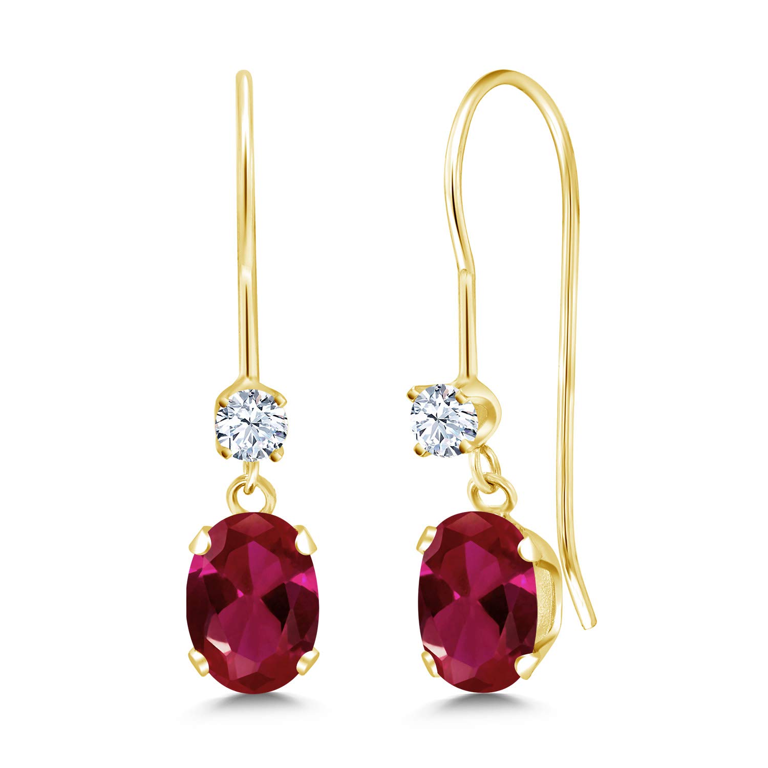 14K Yellow Gold Red Created Ruby Dangle Earrings for Women - July Birthstone, Oval 6x4mm & Round 2.5mm (1.10 CTTW) | Elegant French Wire Design for Parties, Weddings & Special Occasions
