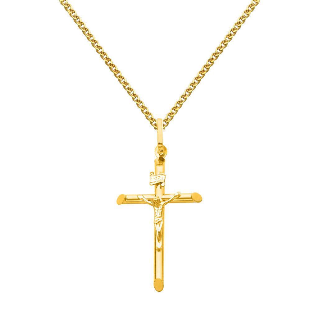 14K Yellow Gold Crucifix Cross Pendant with 1.7mm Flat Open Wheat Chain Necklace - Religious Jewelry for Men & Women - Perfect for Baptism, First Communion, Confirmation & Everyday Faith Wear
