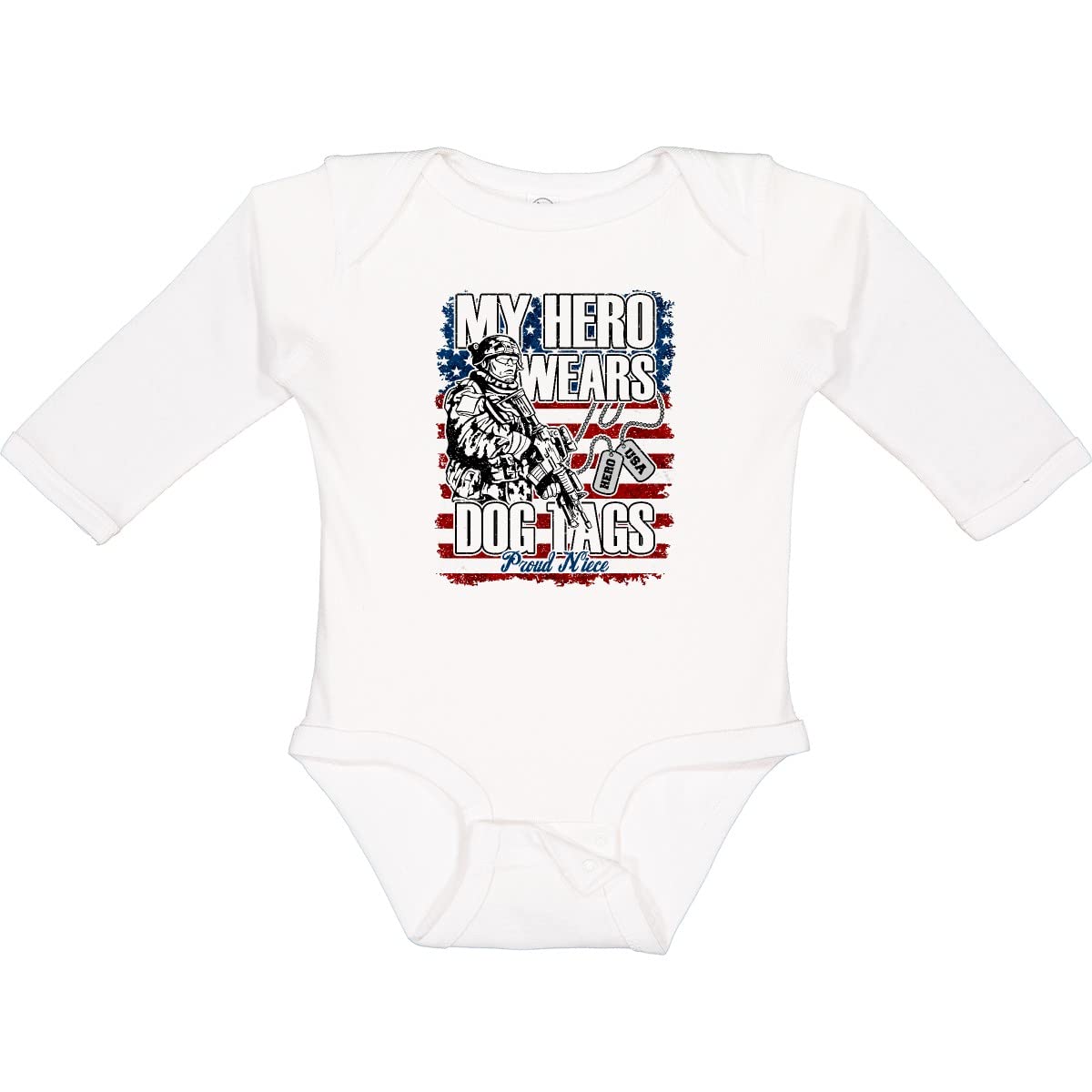 Inktastic Proud Military Dog Tags Flag Niece Long Sleeve Baby Bodysuit - Patriotic Outfit for Veterans Day, Memorial Day & Military Appreciation Events
