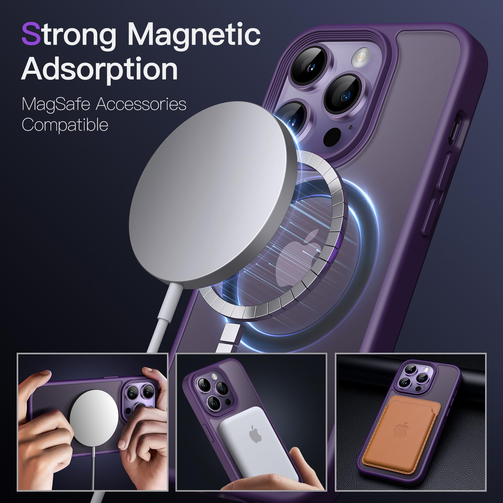 JETech Magnetic Case for iPhone 14 Pro 6.1 Inch - Slim Shockproof Phone Cover with MagSafe Compatibility, Translucent Matte Back in Deep Purple | Perfect for Everyday Protection & Wireless Charging