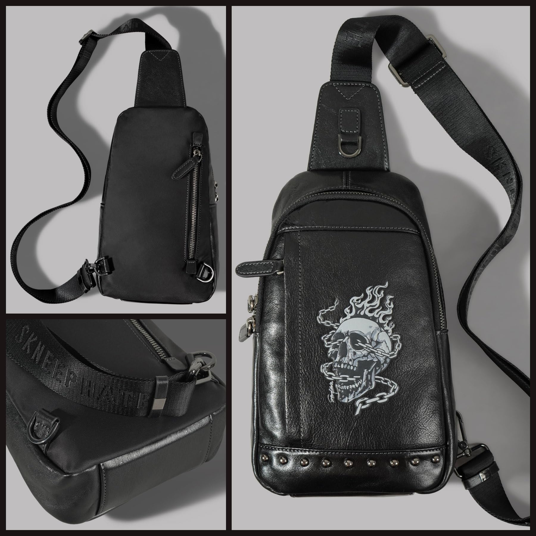 Genuine Leather Small Sling Bag for Men - Crossbody Shoulder Bag with Single Strap & Skull Design (Black) | Perfect for Travel, Work & Everyday Use