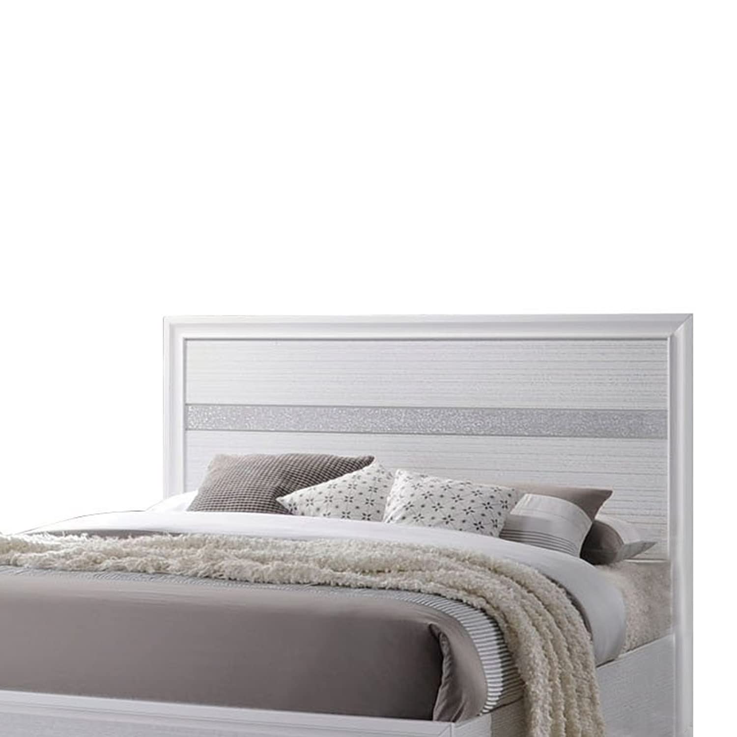 Benjara White Wooden Twin Size Bed with Bracket Legs & Crystal Accented Headboard - Elegant Kids Bedroom Furniture for Small Spaces