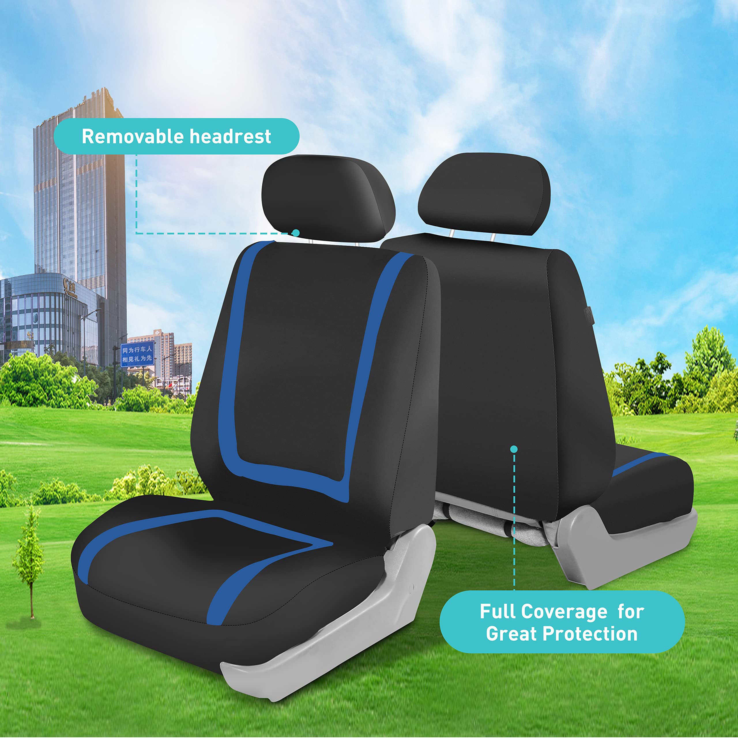 FH Group Universal Fit Car Seat Covers Full Set - Washable Cloth Seat Protectors for SUV, Sedan & Van (Blue) | Perfect for Daily Commute, Road Trips & Protecting Seats from Pets