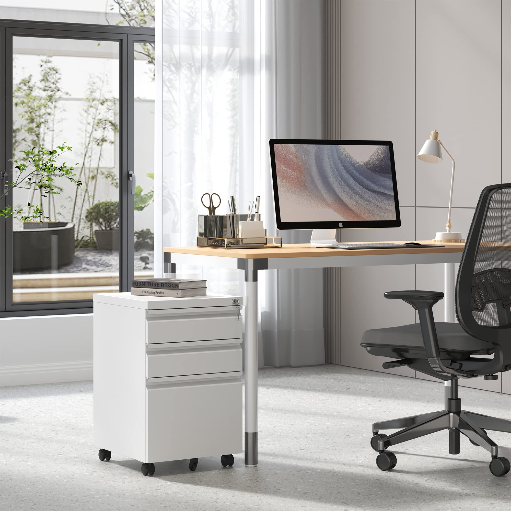 3 Drawer Mobile File Cabinet with Lock & Wheels - Metal Under Desk Rolling Storage for Legal/Letter Hanging Folders - Fully Assembled White Office Organizer for Home, Business & School Use