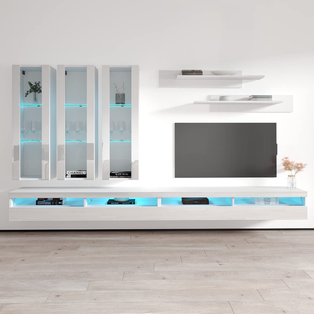 Modern Floating TV Stand with Storage & LED Lights - Wall Mounted Entertainment Center for Bedroom & Living Room - 35 Inch TV Console with Shelves - White - Perfect for Small Spaces & Home Theater Setup