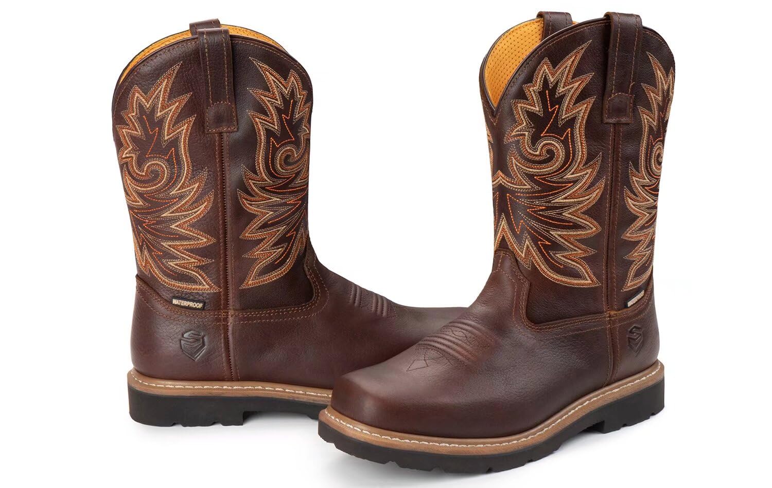 SUREWAY Men's Western Cowboy Boots - Soft Toe Waterproof Square Toe Work Boots, Comfortable & Durable Oil Slip Resistant Leather with Rubber Sole, Embroidered Design for Ranch Work, Outdoor Activities & Country Style Fashion