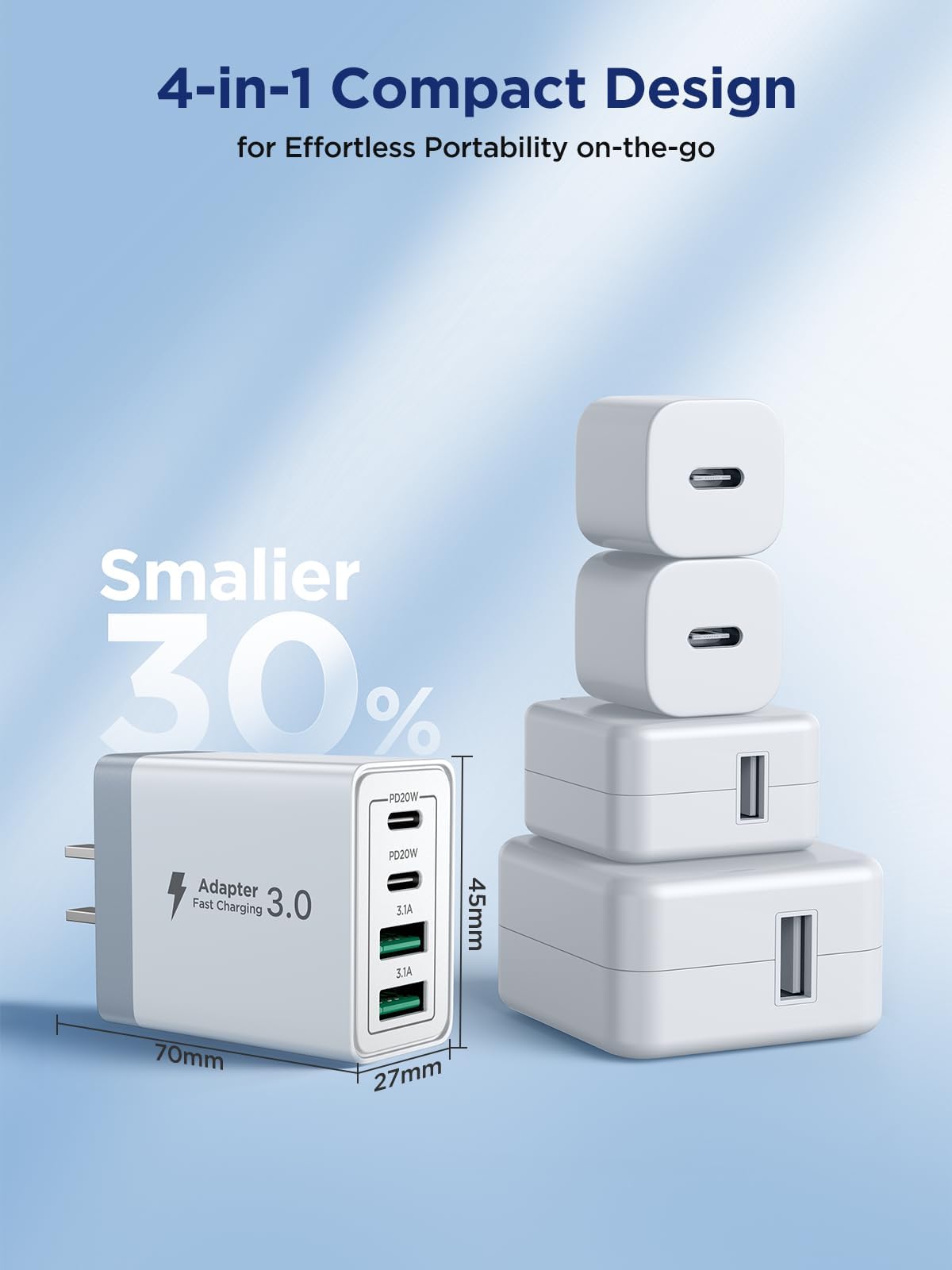 40W 4-Port USB C Fast Charger Block with PD & QC - Dual USB C & USB A Ports Wall Charger for iPhone 16/15/14/13/12/11 Pro Max/XS, iPad, Samsung Galaxy Phones & Tablets - Perfect for Home, Office & Travel Charging