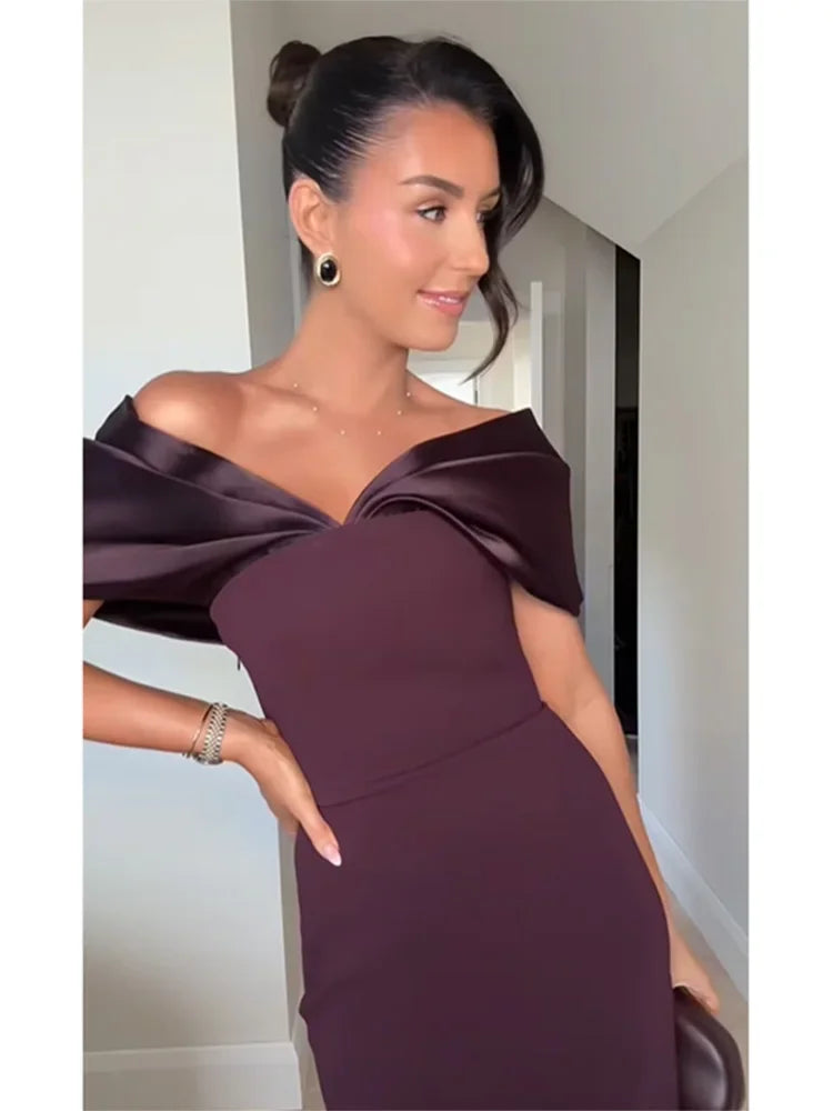 Elegant Purple Satin Patchwork Off Shoulder Midi Dress for Women - Sleeveless Backless Slim Fit Long Vestido Evening Gown for Party, Wedding, Prom & Special Occasions